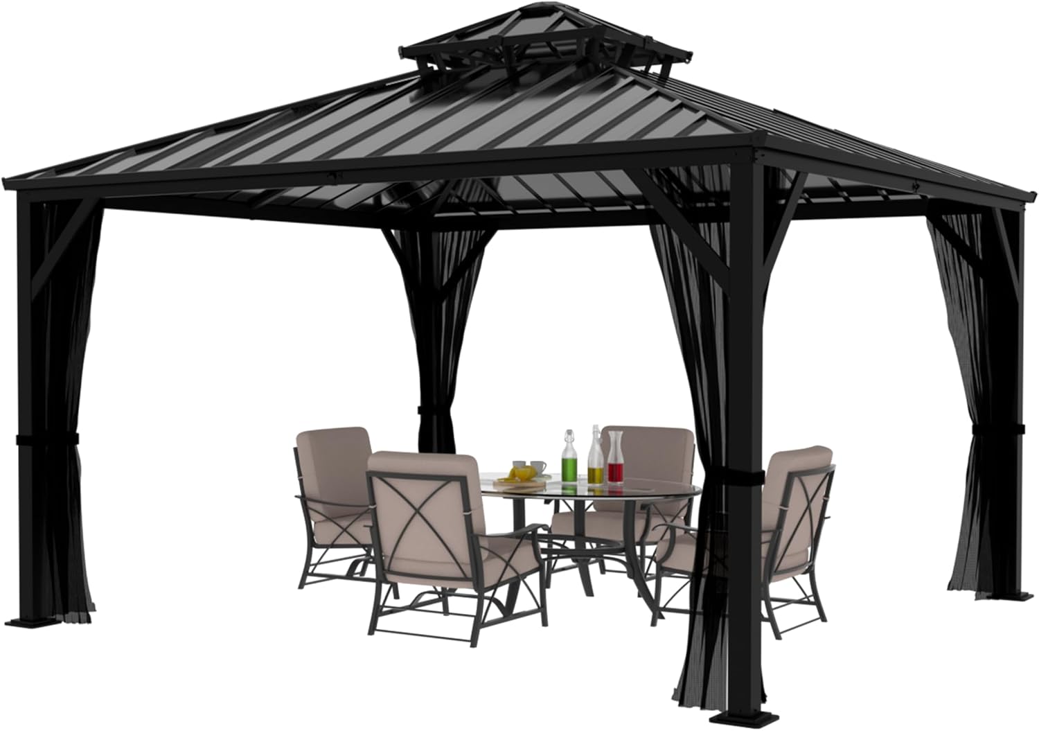 BlueWish 10x10 FT Hardtop Gazebo Canopy with Double Galvanized Steel Roof, Permanent Outdoor Pavilion with Mesh Netting for Patio. Garden, Backyard, Black
