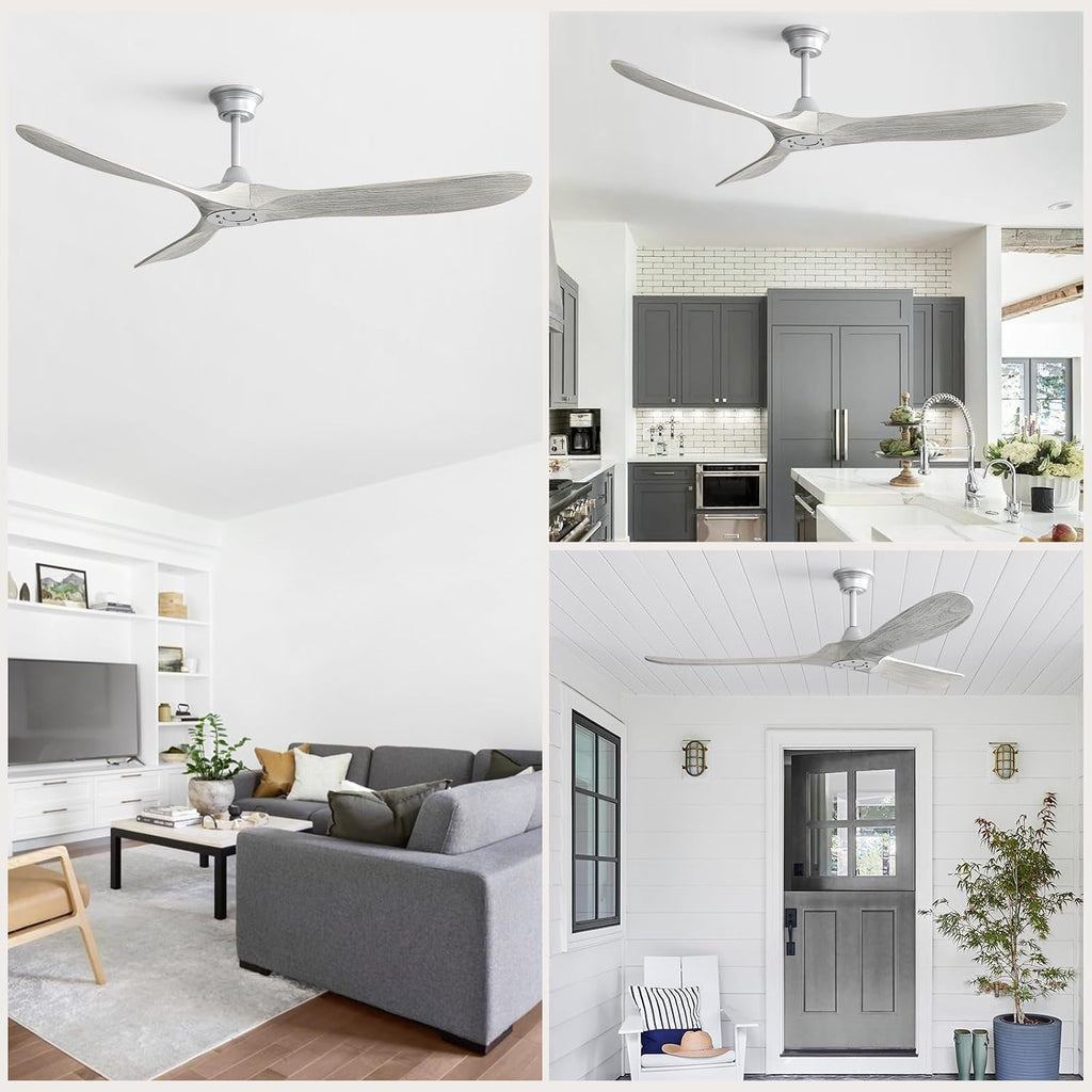 CACI Mall 60' Ceiling Fan no Light, Outdoor Ceiling Fans for Patios Without Lights, Remote Control, Solid Wood 3 Blades, Quiet, Indoor Ceiling Fan for Living Room, Patio, Bedroom, Porch, Farmhouse