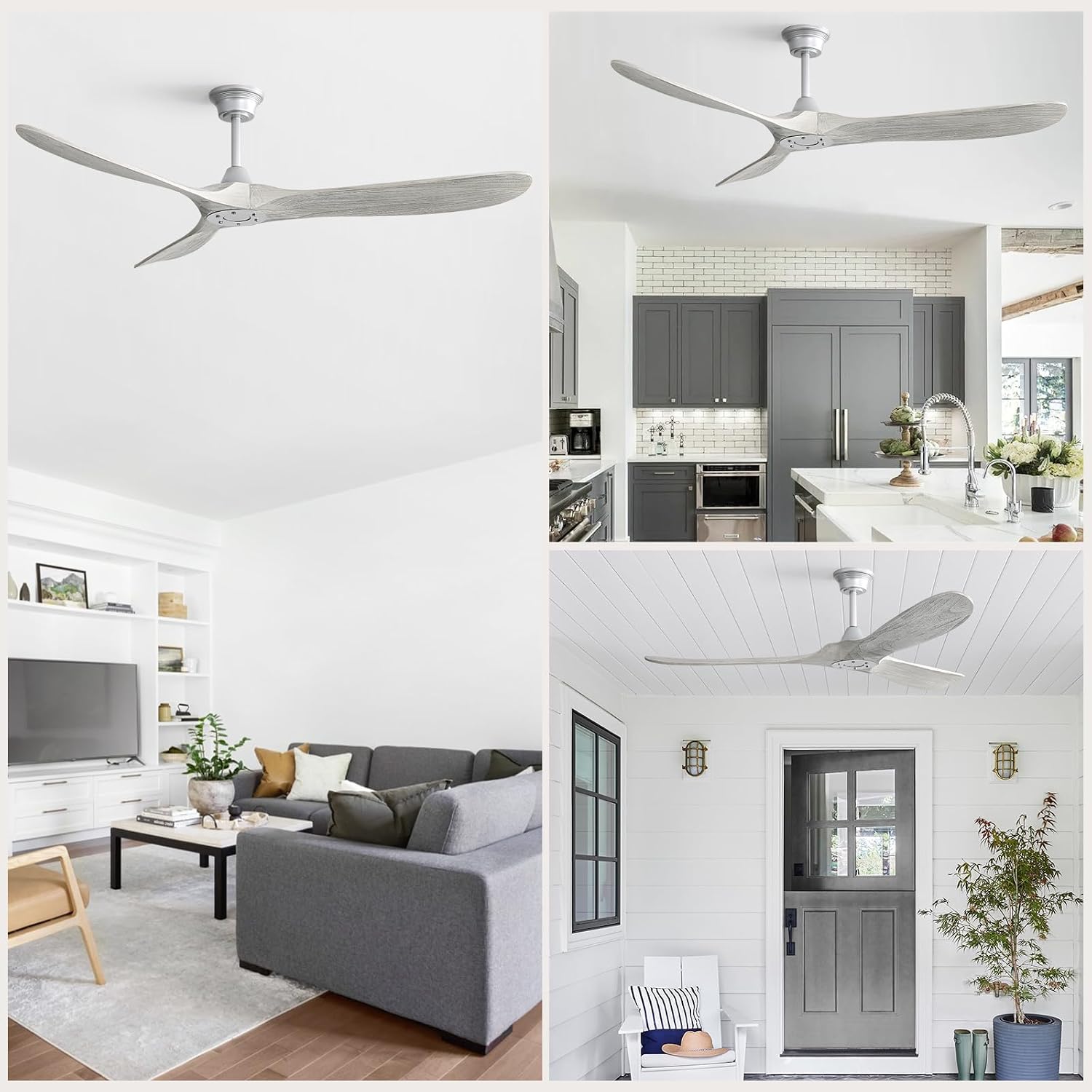 CACI Mall 60' Ceiling Fan no Light, Outdoor Ceiling Fans for Patios Without Lights, Remote Control, Solid Wood 3 Blades, Quiet, Indoor Ceiling Fan for Living Room, Patio, Bedroom, Porch, Farmhouse