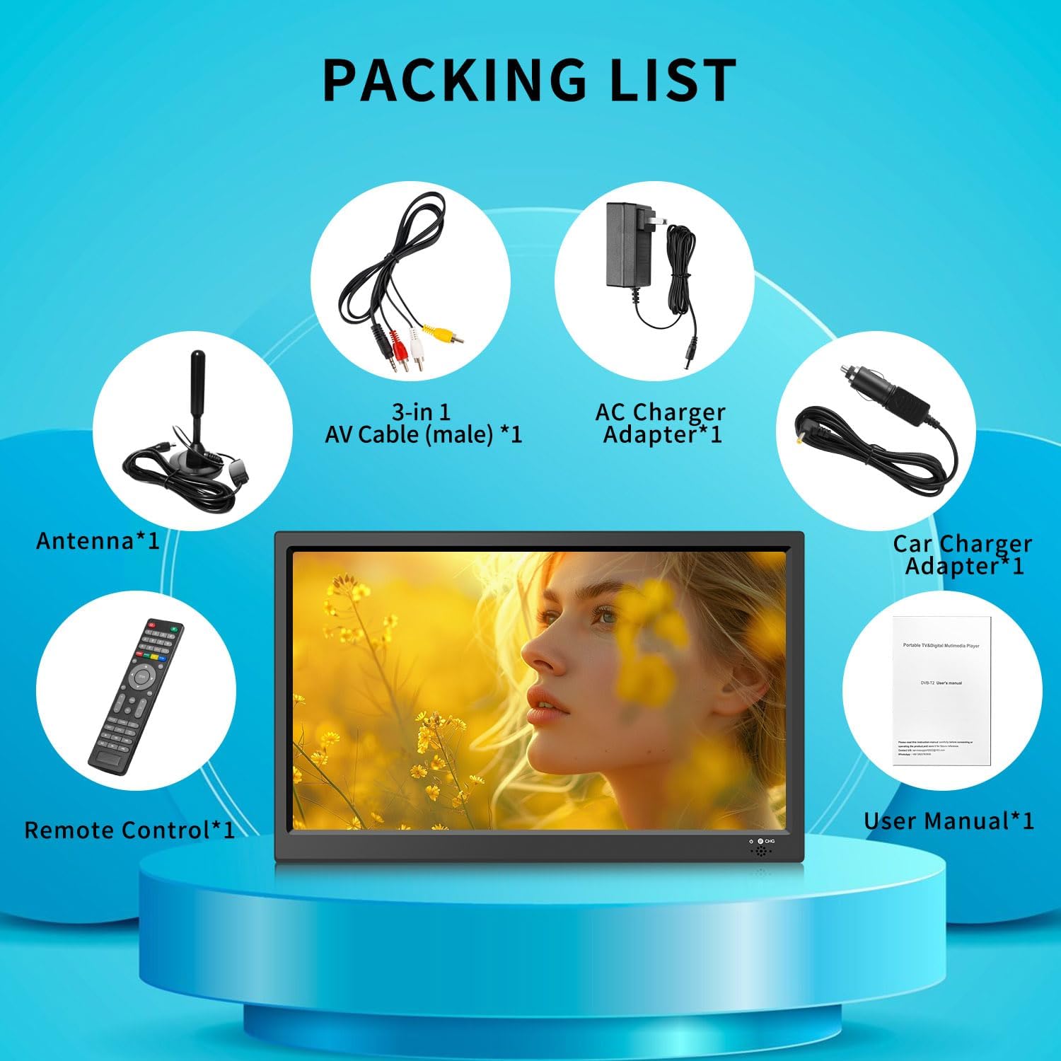 Feihe 15.6 inch Small Kitchen TV with ATSC Tuner/HDMI/USB/AV, Built-in TV Steel Stand and Remote Control for Bedroom,RV,Camping,Outdoor or Office