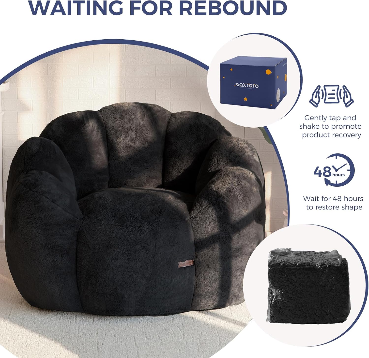 MAXYOYO Bean Bag Chair for Adults, Floral Shaped Bean Bag Sofa, Ultra Soft Faux Fur Floor Sofa, Large Reading Chair for Living Room Bedroom, Black, Single