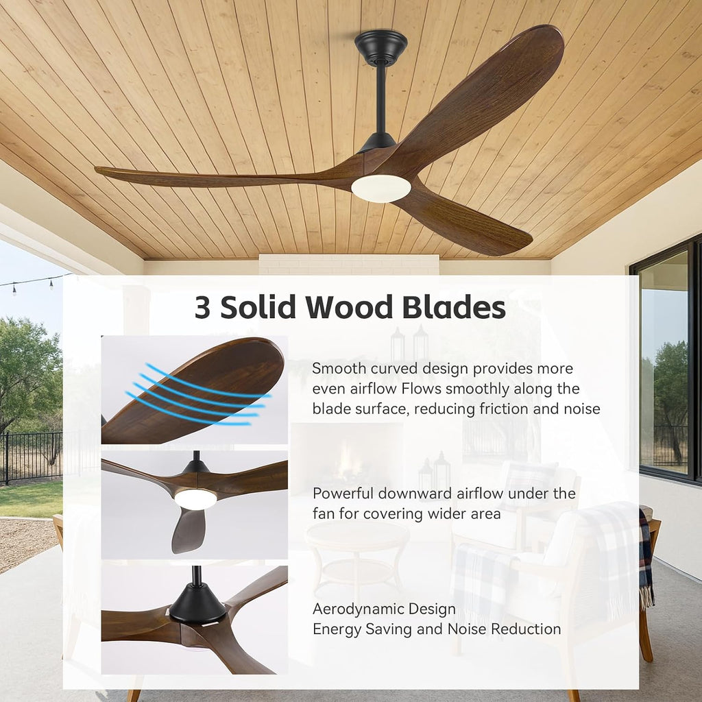 60'' Modern Wood Ceiling Fans with Light Remote, 3 Blades Smart Ceiling Fan Alexa/APP Control, Outdoor Indoor Reversible Quiet DC Fan Dimmable for Patios Living room, Brown Propeller Farmhouse