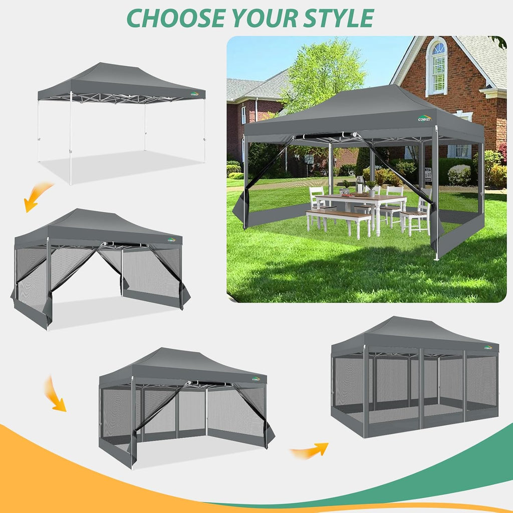 COBIZI 10x15 Heavy Duty Pop up Canopy with 4 Sidewalls, Canopy Tent with Mosquito Netting, Easy up Screen Party Tents for Parties Wedding Patio Backyard Commercial Gazebo with Handbag, Gray