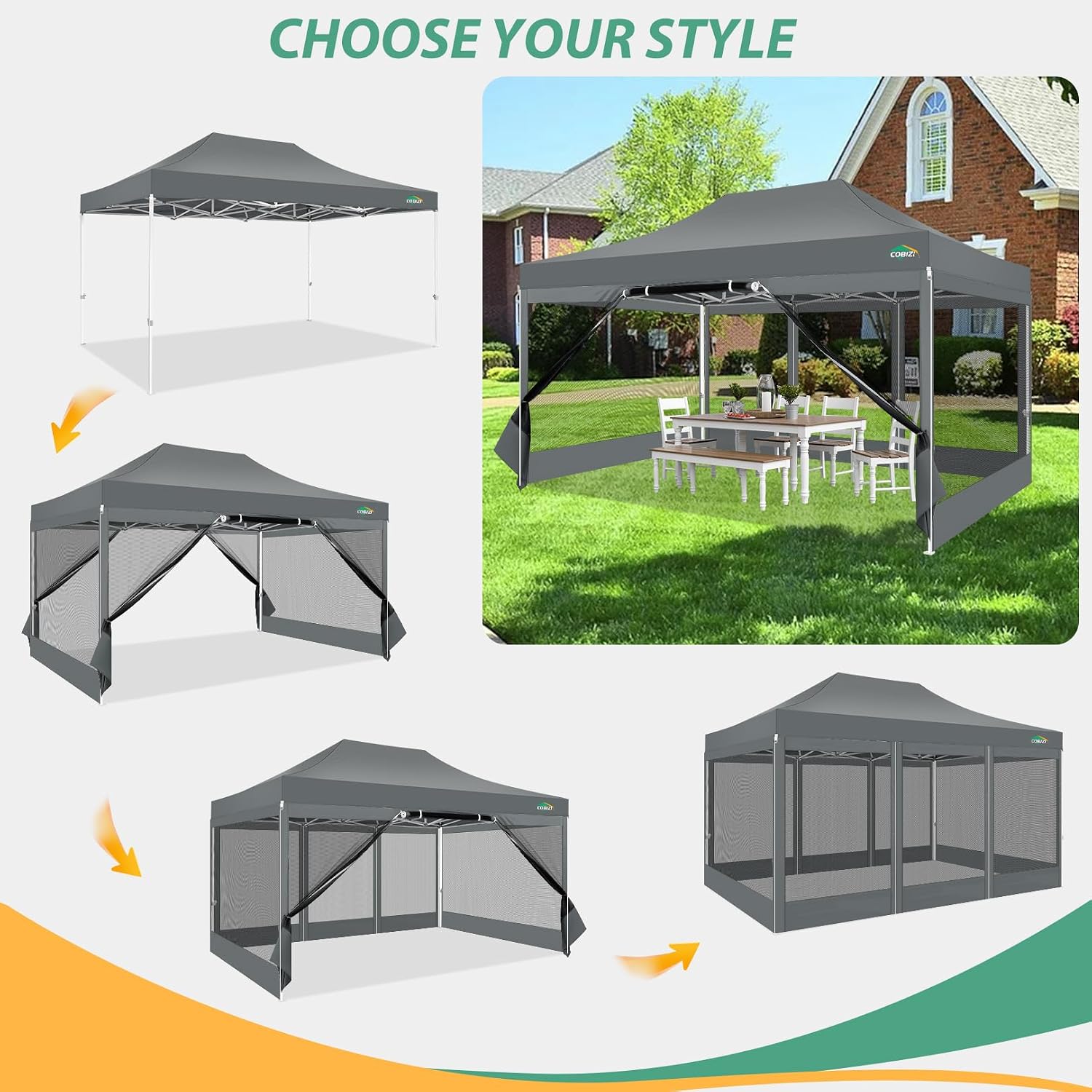 COBIZI 10x15 Heavy Duty Pop up Canopy with 4 Sidewalls, Canopy Tent with Mosquito Netting, Easy up Screen Party Tents for Parties Wedding Patio Backyard Commercial Gazebo with Handbag, Gray