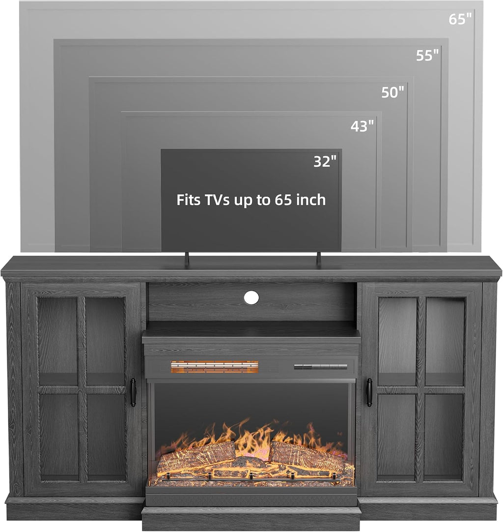 YESHOMY Glass Fireplace TV Stand for Televisions up to 65', Media Entertainment Center Console Table with Doors Closed Storage, Black
