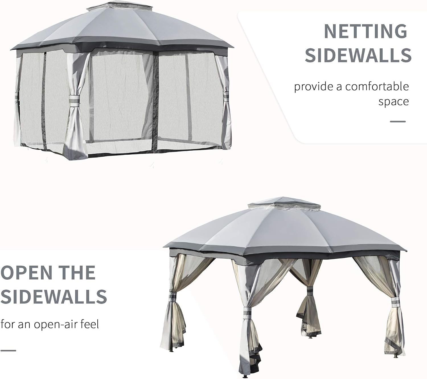 10' x 12' Outdoor Gazebo, Patio Gazebo Canopy Shelter w, Double Vented Roof, Zippered Mesh Sidewalls, Solid Steel e, Grey
