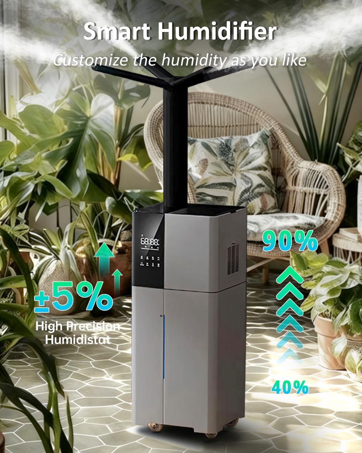 Lacidoll Humidifier Large Room,26L/6.8Gal Whole House Humidifiers for Bedroom Home 3000 sq.ft,1800ml/H,Commercial and Industrial Humidifiers with 360° Nozzle & Extension Tube,Top Fill,Gray