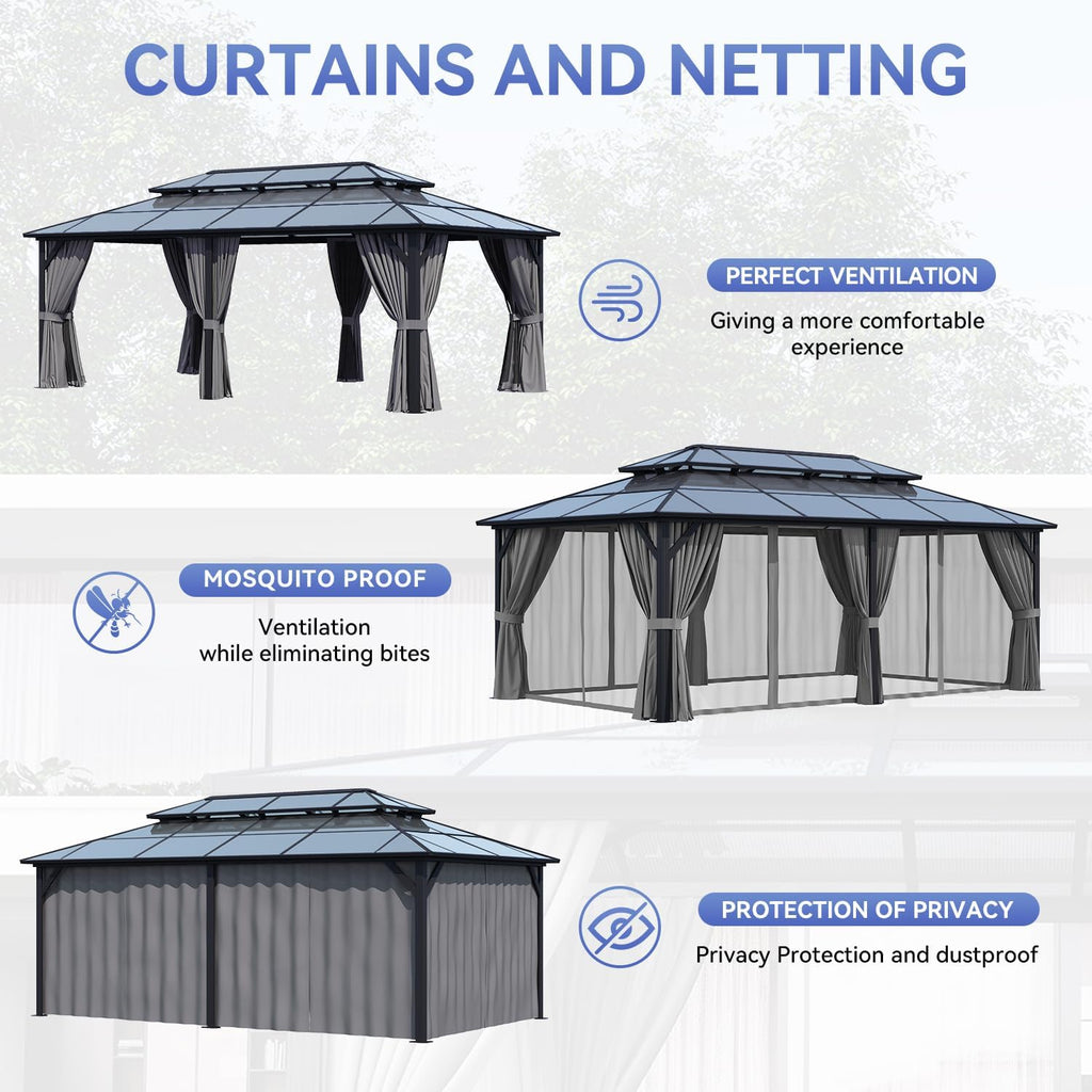 12 * 20ft Double Roof Gazebo with Dark Gray Polycarbonate Panels, Sturdy Aluminum Frame, Weather-Resistant Pavilion with Curtains for Outdoor Patio, Garden, and Backyard