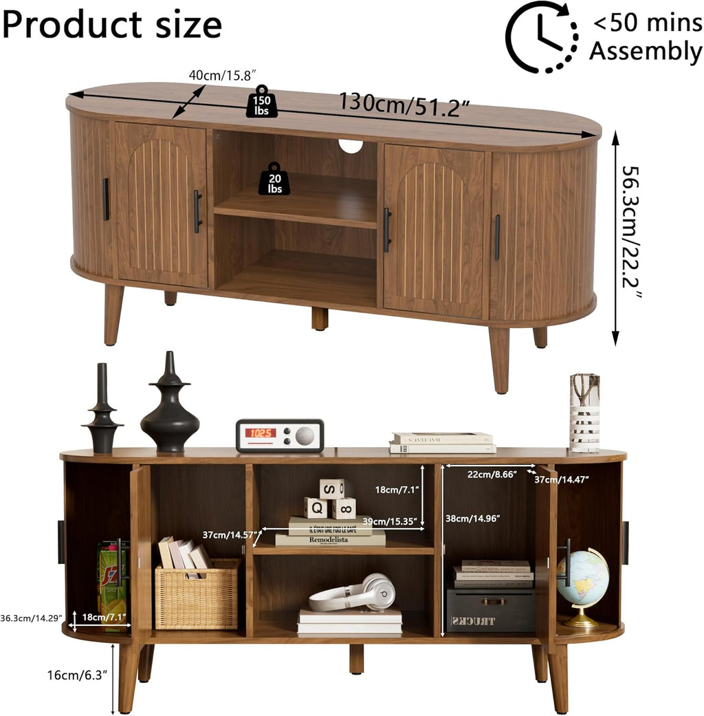 Mxtxmy 51' Fluted TV Stand, Mid-Century Modern Entertainment Center for Tvs up to 60' with Drawers and Fluted Doors, Curved TV Media Console Table with Sliding Doors for Living Room, Bedroom (51')