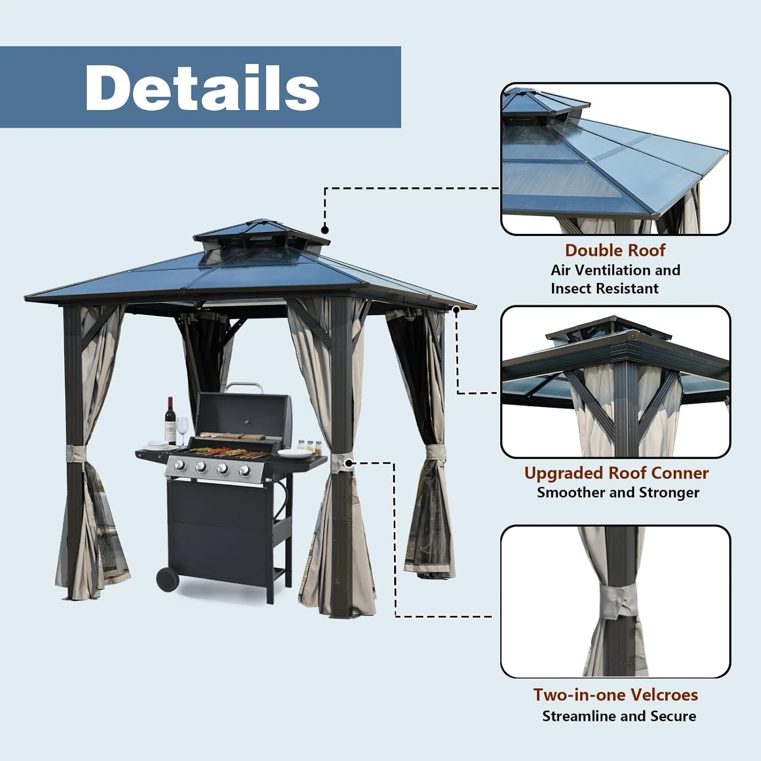 8x5 Hardtop Grill Gazebo, Vented Double Roof Polycarbonate BBQ Canopy for Outdoor Patio, Anti-UV Waterproof Shelter with Side Shelves & Hooks, Heavy Duty Steel Frame (8x8)