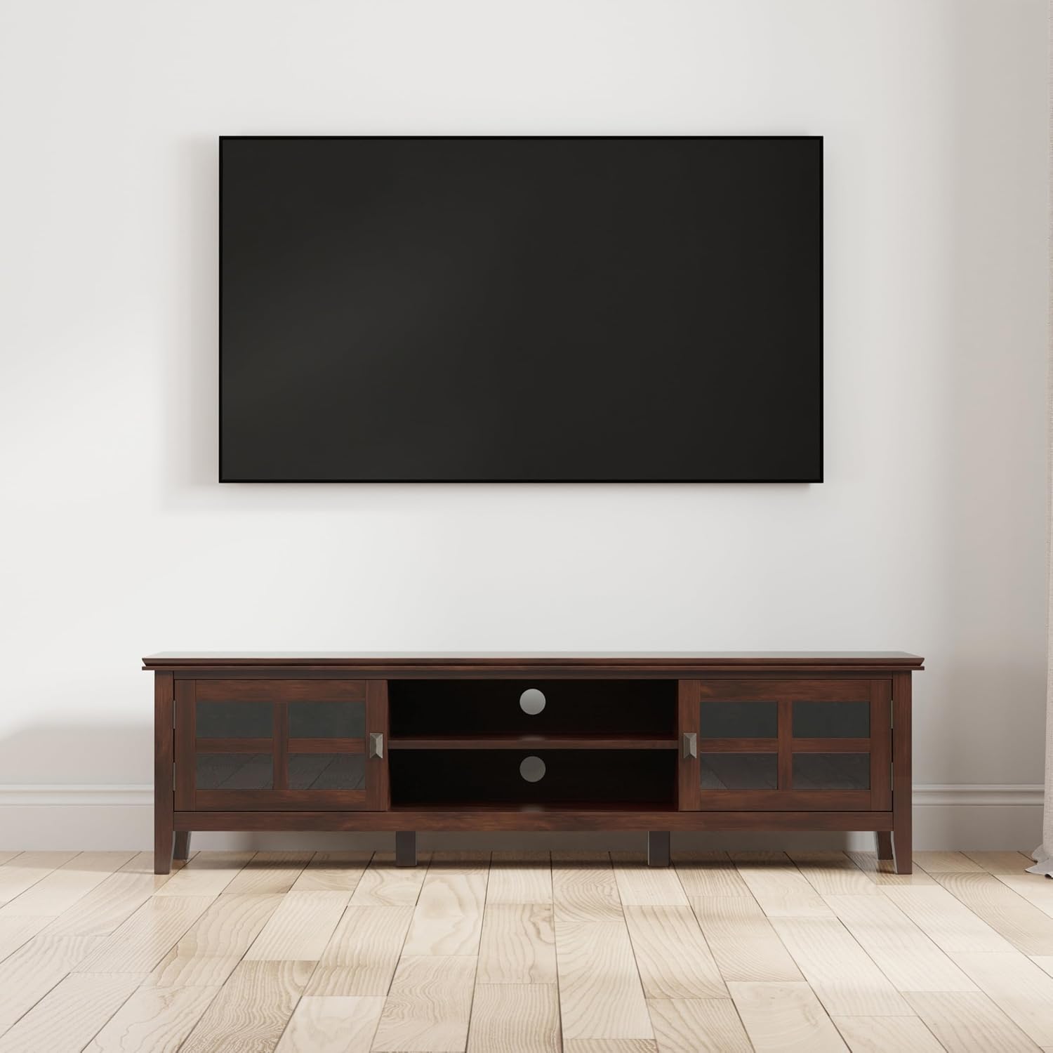 SIMPLIHOME Artisan TV Stand - 72 inch Wide Solid Wood Low Media Console in Russet Brown, Transitional Entertainment Center for Living Room for TVs up to 80 Inches with Shelves and Cable Management