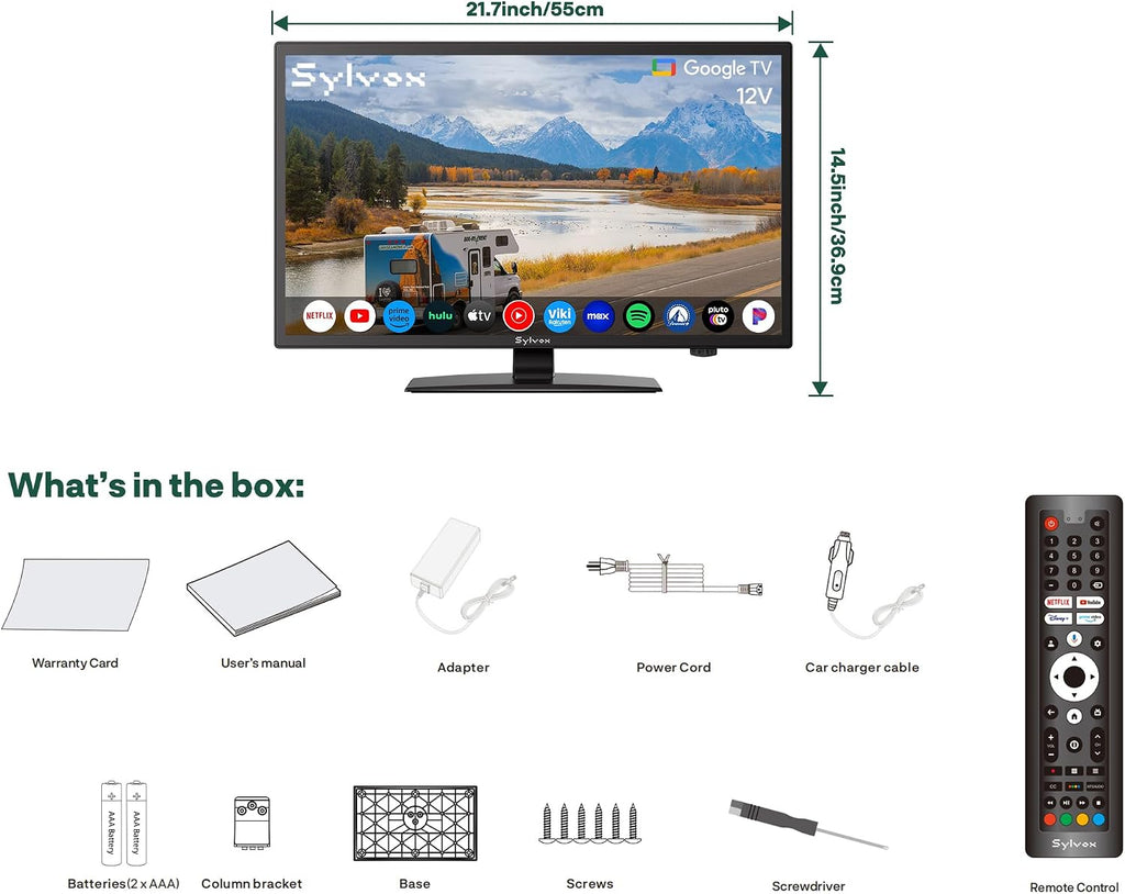SYLVOX Smart RV TV, 24' 12 Volt TVs for RV Camper 1080P DC/AC Powered Television, Compatible with Google OS, Support Download APPs, Google Assistant, Bluetooth WiFi, 9-32V Wide Voltage Protection