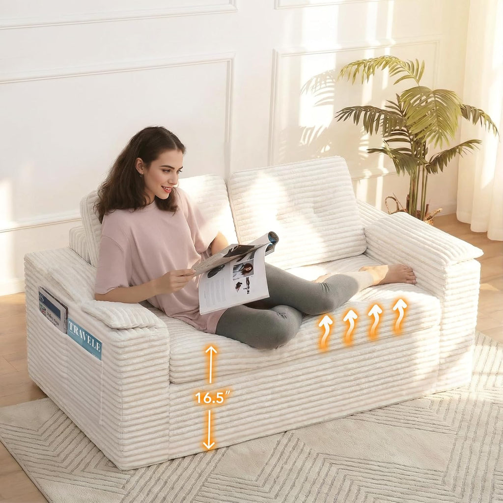 Boneless Loveseat, 2 Seater Deep Seat Loveseat Sofa with Wide‑Wale Corduroy for Small Spaces & Living Room, 60' Width, No Assembly, Washable Cover, Beige