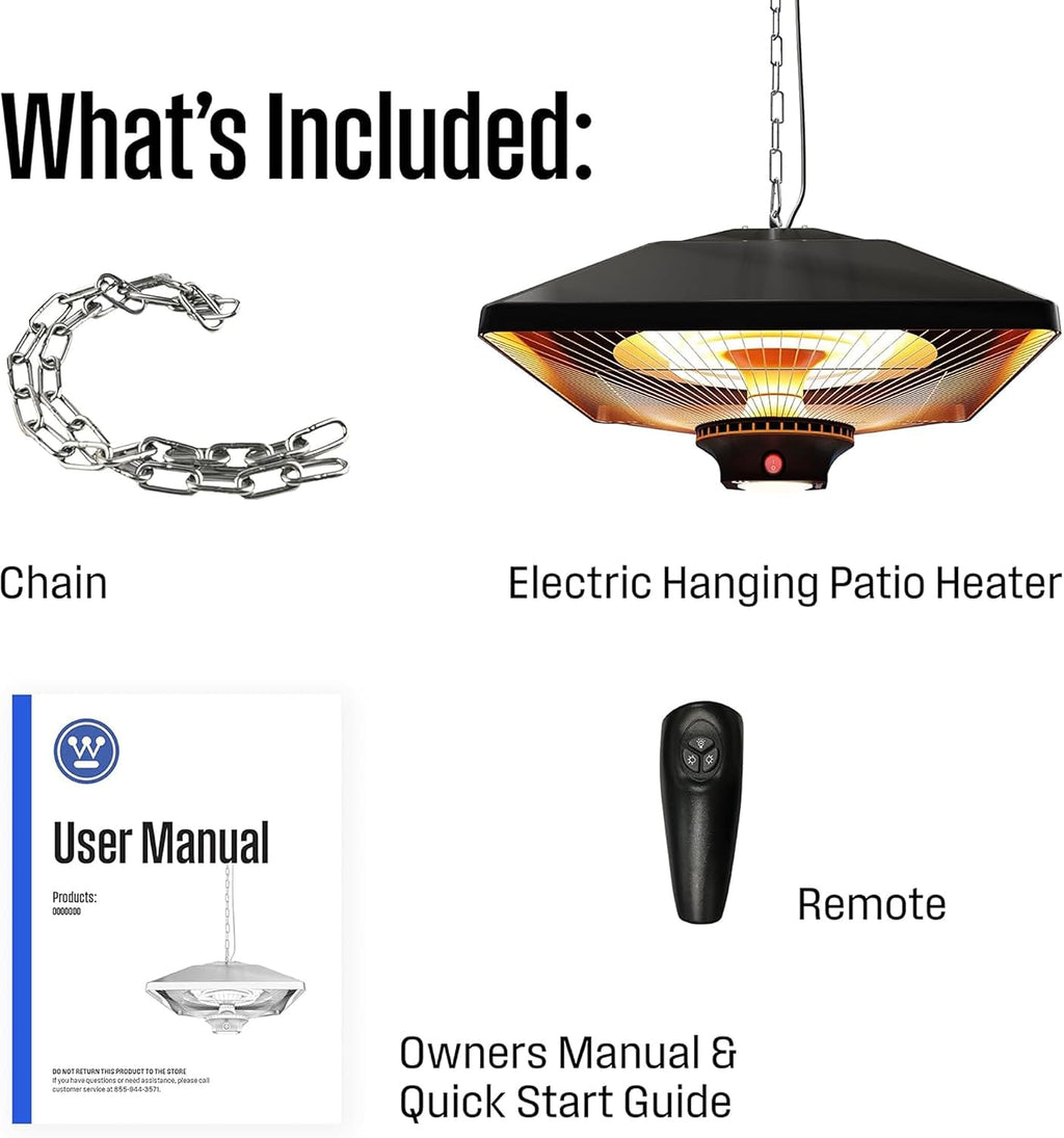 Westinghouse Outdoor Ceiling Patio Heater, Water Resistant, Adjustable Heat Output Up to 1500W, Auto Shut Off Overheat Protection, Hanging Infrared Heater for Patio Cover, Gazebo, Pergola, & More