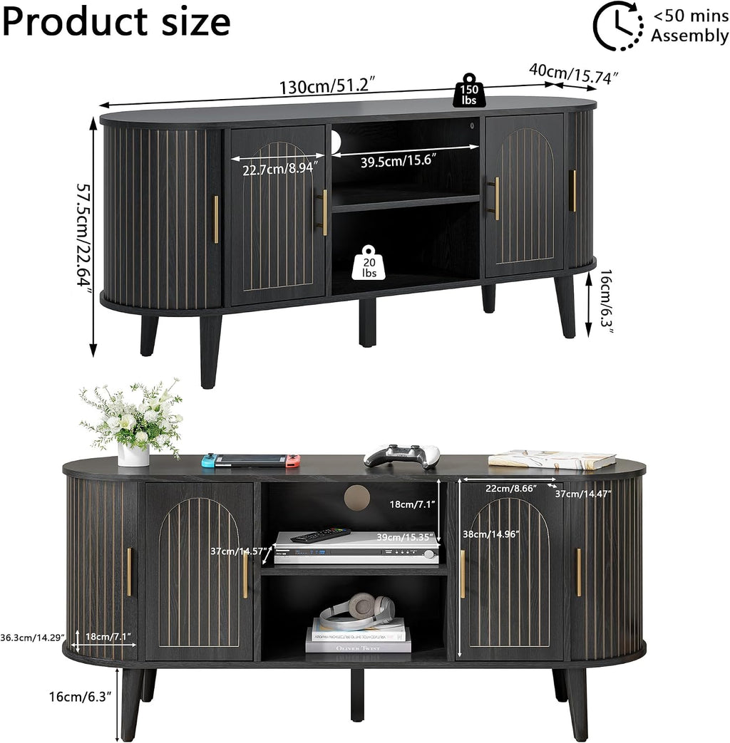 51' Fluted TV Stand, Mid-Century Modern Entertainment Center for Tvs up to 60' with Drawers and Fluted Doors, Curved TV Media Console Table with Sliding Doors for Living Room, Bedroom (51' Black)