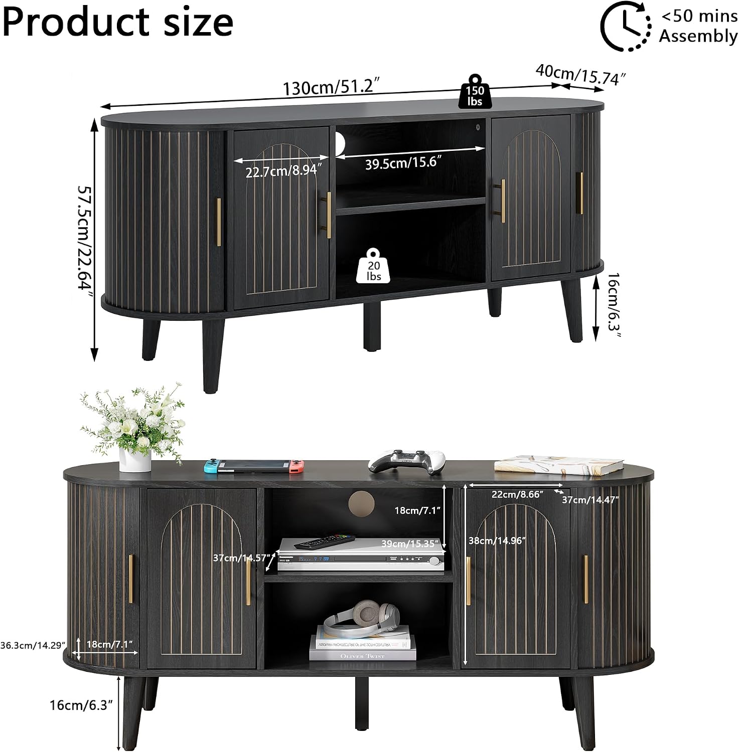51' Fluted TV Stand, Mid-Century Modern Entertainment Center for Tvs up to 60' with Drawers and Fluted Doors, Curved TV Media Console Table with Sliding Doors for Living Room, Bedroom (51' Black)