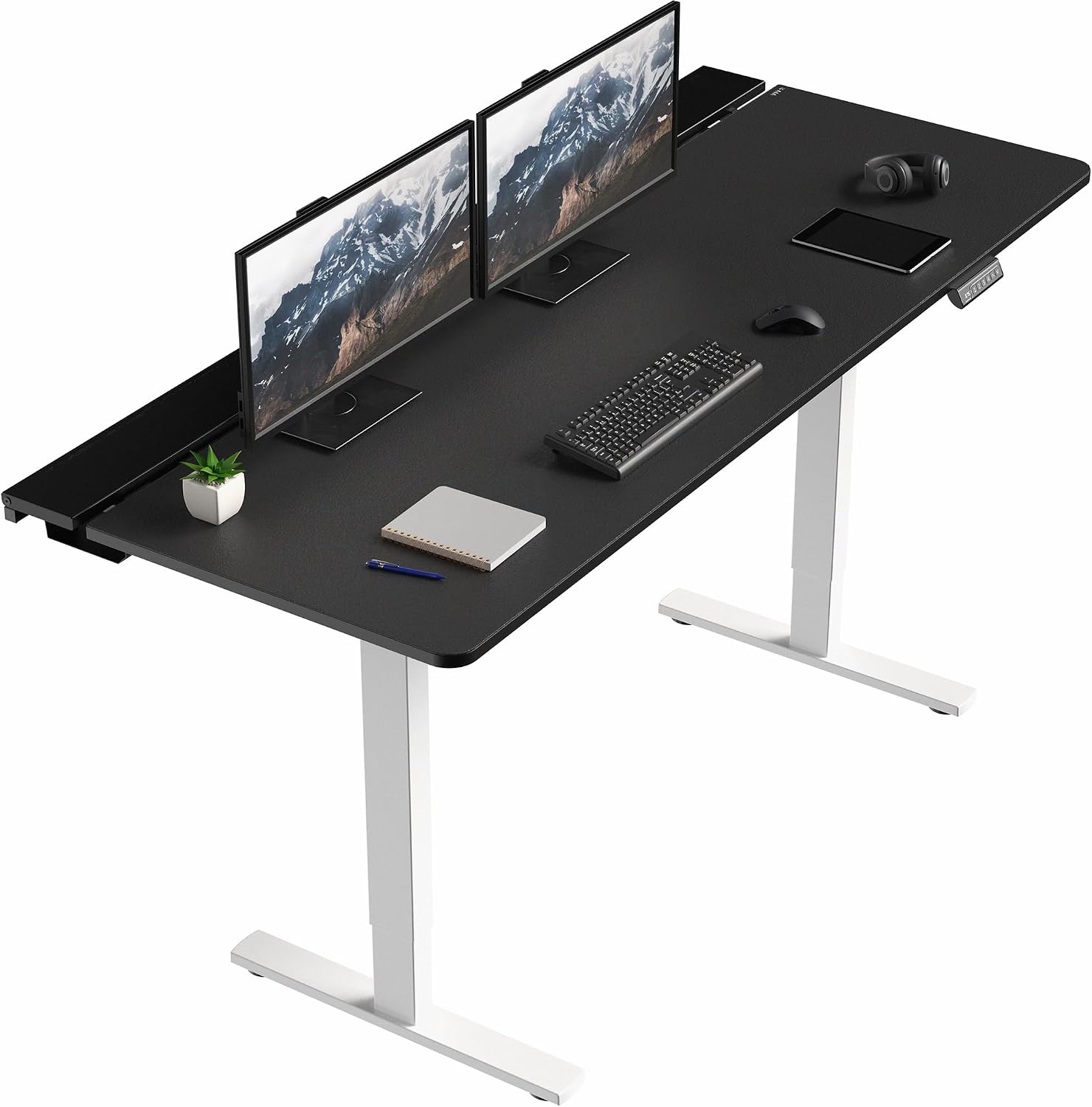 VIVO Electric 71 x 30 in Standing Adjustable Gaming Desk with Hidden Cable Trays, Full-Size Mouse Pad, Holds 220 lbs, Black Top White Frame, DESK-KIT-1W6-P3B-71
