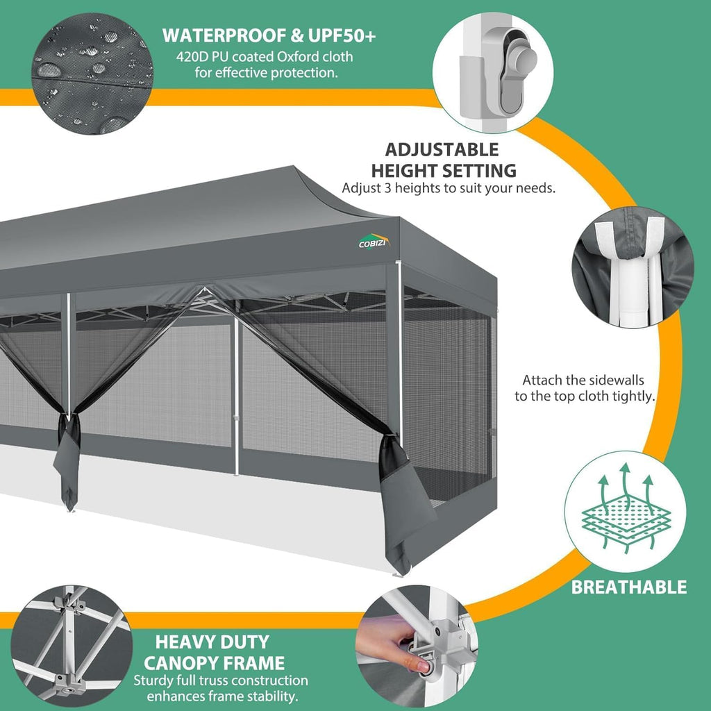 COBIZI 10x30 Pop Up Canopy with Sidewalls, Heavy Duty Canopy with Mosquito Netting, Easy up Screen Party Tents for Parties Backyard Outdoor Commercial Event Gazebo with Roller Bag, Sandbags, Gray