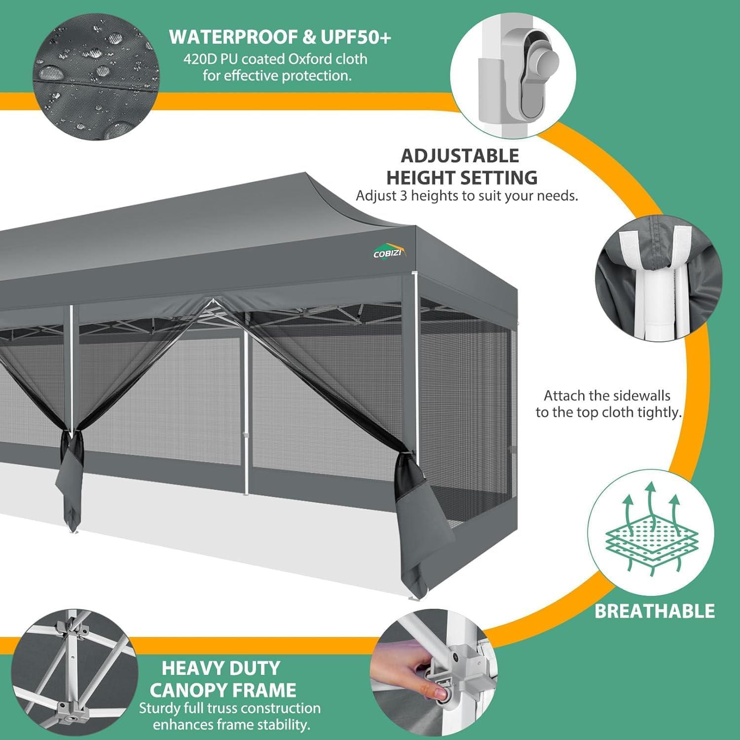 COBIZI 10x30 Pop Up Canopy with Sidewalls, Heavy Duty Canopy with Mosquito Netting, Easy up Screen Party Tents for Parties Backyard Outdoor Commercial Event Gazebo with Roller Bag, Sandbags, Gray
