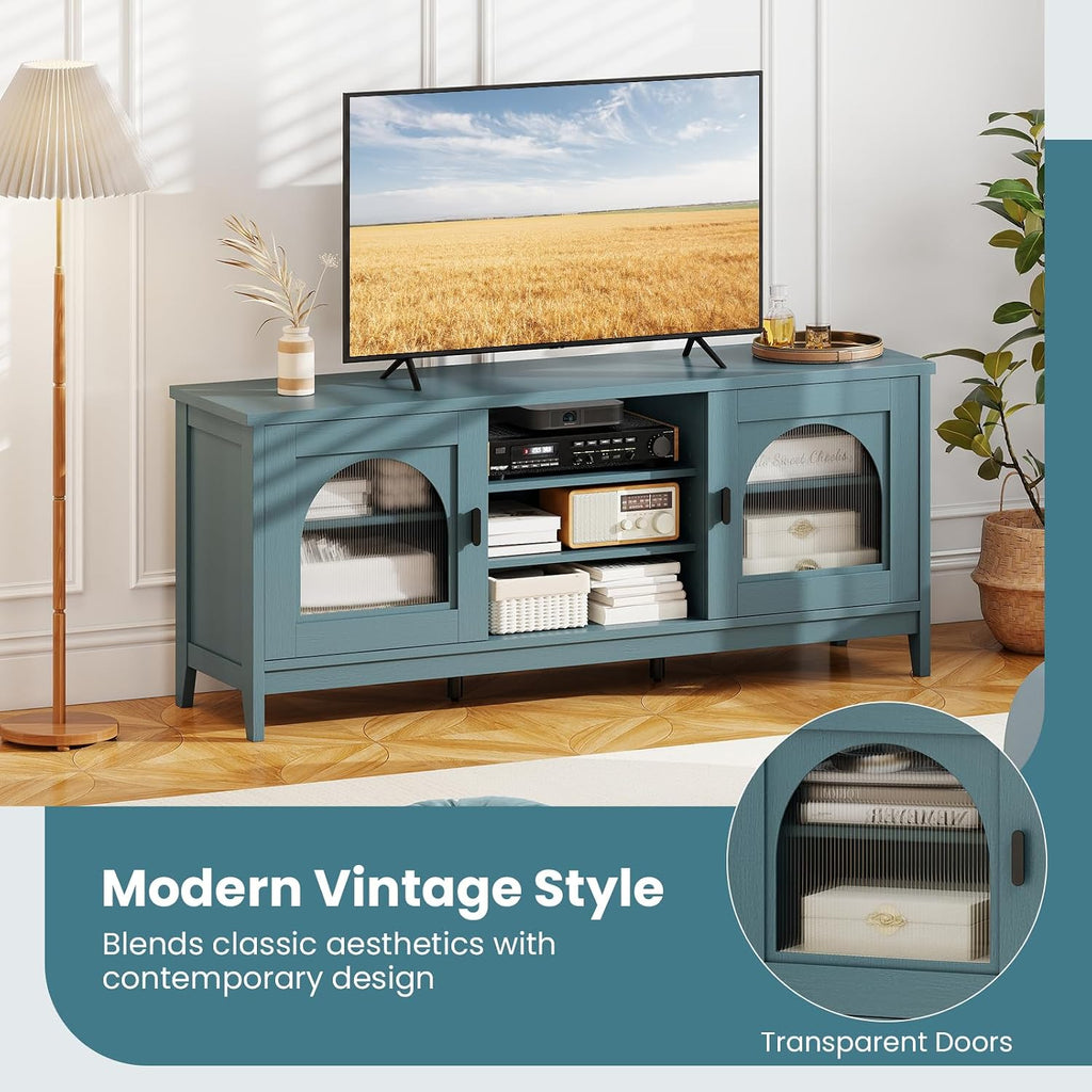 Giantex Farmhouse TV Stand for TVs up to 65', Modern Vintage Entertainment Center w/Storage, Adjustable Shelves, Cable Holes&Glass Doors, Media TV Console Table for Bedroom, Living Room (Teal Blue)