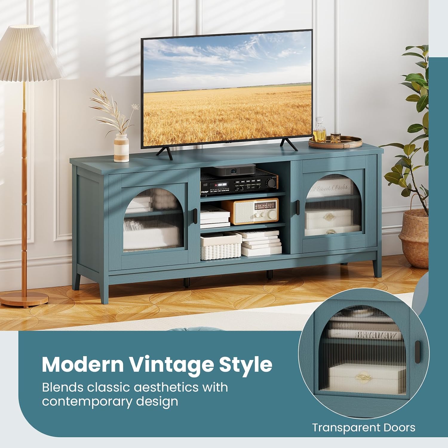 Giantex Farmhouse TV Stand for TVs up to 65', Modern Vintage Entertainment Center w/Storage, Adjustable Shelves, Cable Holes&Glass Doors, Media TV Console Table for Bedroom, Living Room (Teal Blue)