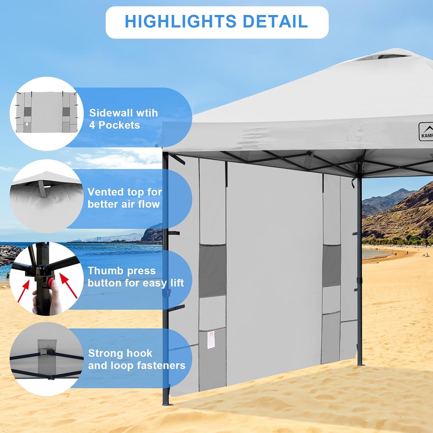 KAMPKEEPER 10x10 Easy Pop Up Canopy Tent with Sidewalls, Instant Outdoor Shade Shelter with Removable 10FT Sun Walls, Quick Setup Waterproof and UV-Resistant(White, 10x10FT with 1 sidewall)