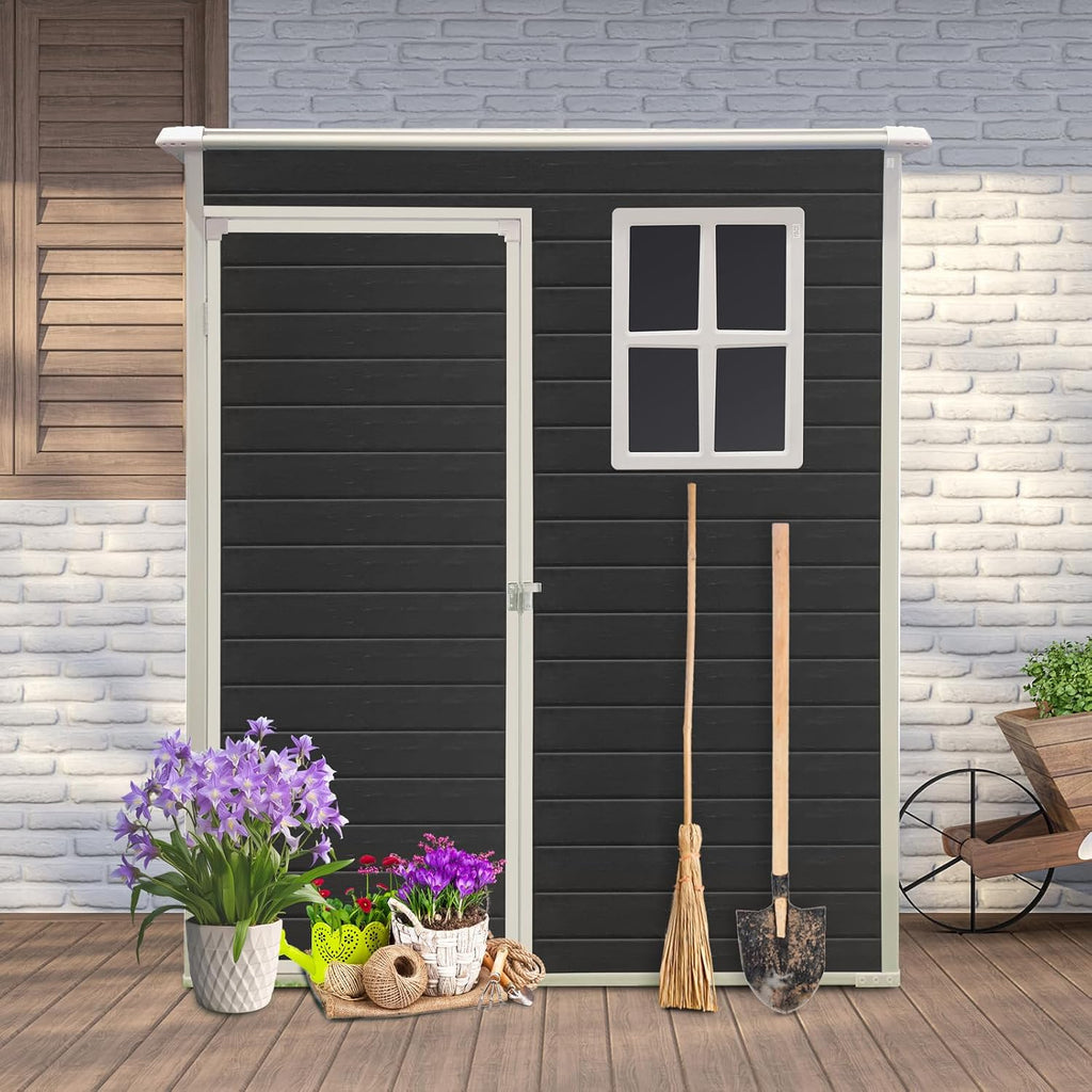 5X3 ft Outdoor Resin Storage Shed with Floor and Windows, Waterproof Plastic Garden Shed with Lockable Door and Air Vents, All-Weather Tool Sheds for Backyard, Patio, Lawn (Black)
