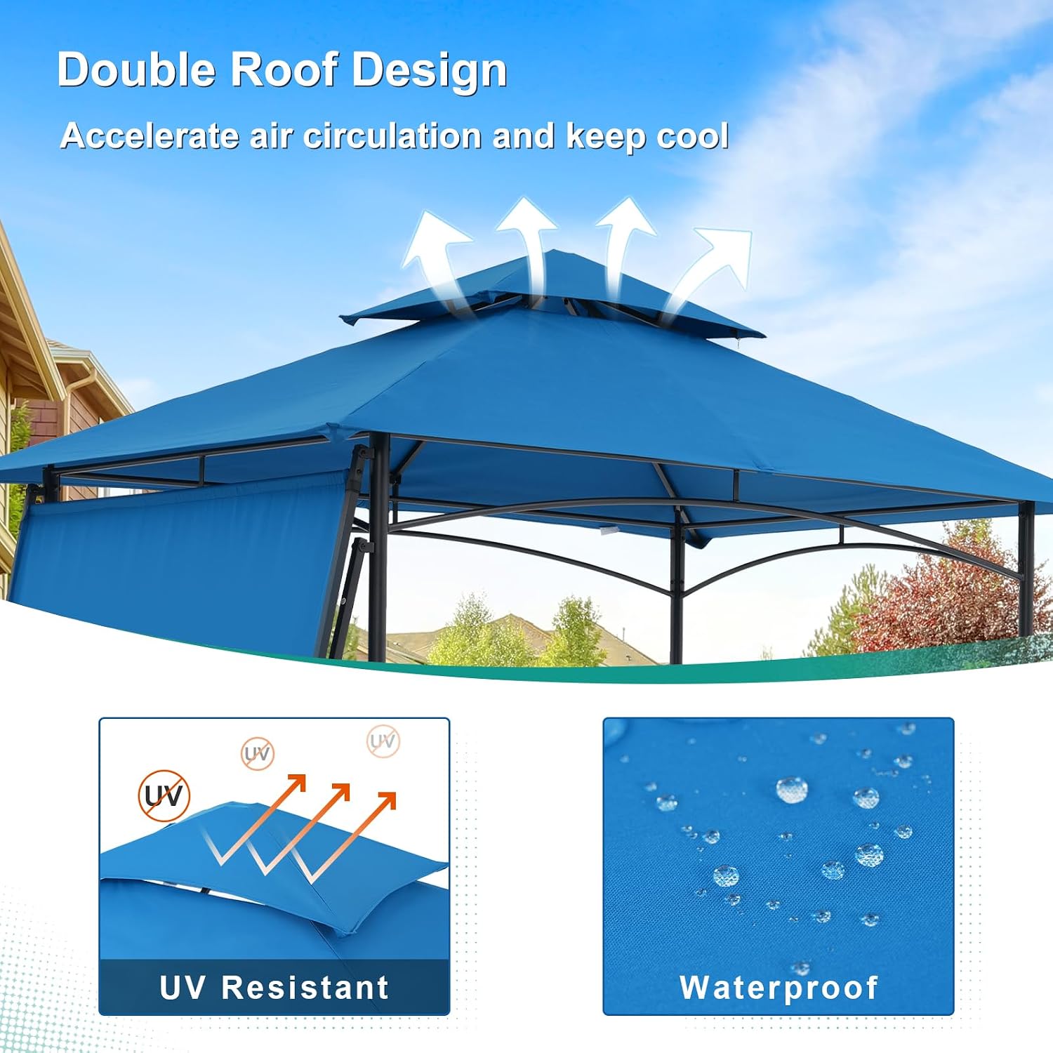COBANA Grill Gazebo 8'x 5' Outdoor Patio Backyard BBQ Grill Shelter with Side Awning, Double Tiered Soft Canopy Top with Steel Frame and Bar Counters, Blue