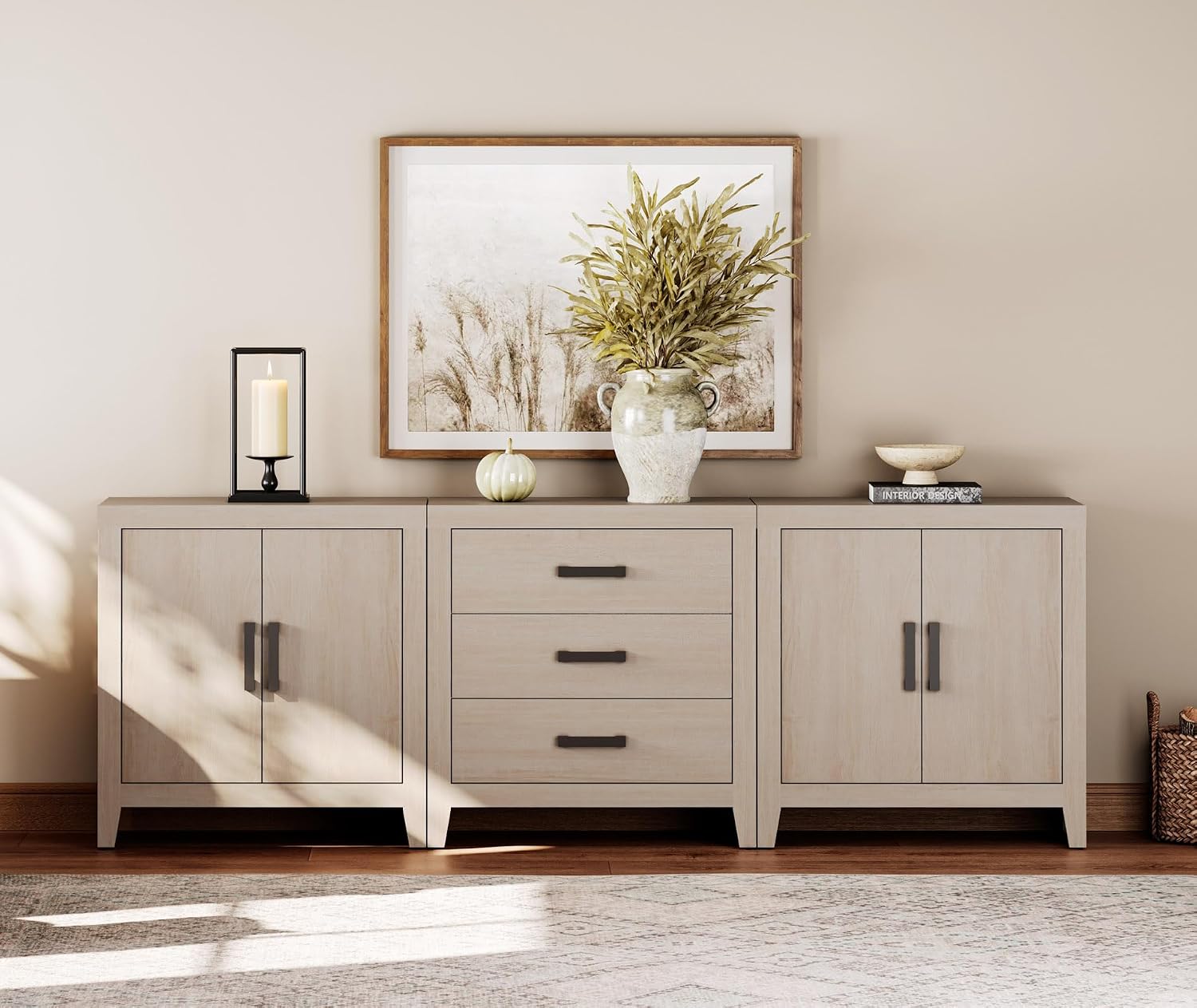 WAMPAT TV Stand for TVs up to 85 Inch, 3-Piece Modular Entertainment Center with Drawers and Doors, Farmhouse Media Console for Living Room, Bedroom, Home Theater, Beige