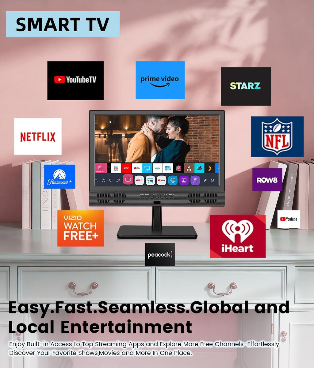 Feihe 14 Inch Small Smart TV, HD LED Flat Screen Smart TV with ATSC Tuner/HDMI/USB/AV for Kitchen, RV, Camper, Bedroom or Travel Use