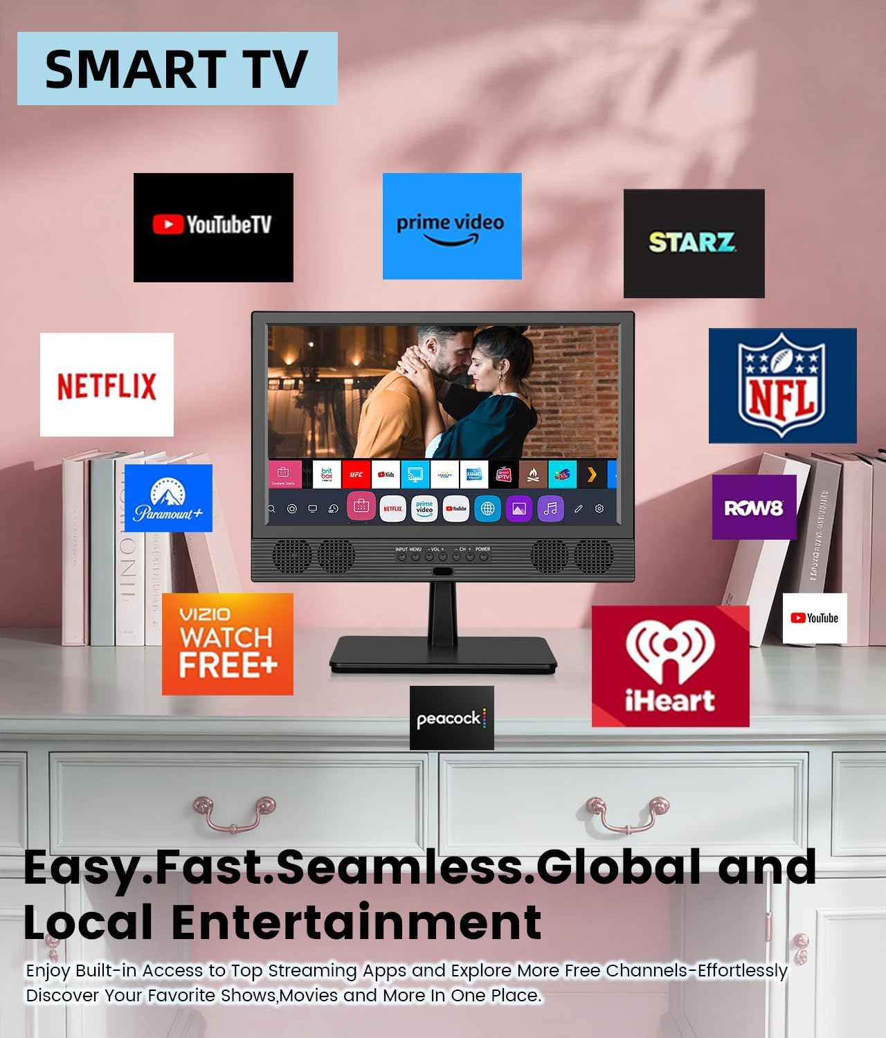 Feihe 14 Inch Small Smart TV, HD LED Flat Screen Smart TV with ATSC Tuner/HDMI/USB/AV for Kitchen, RV, Camper, Bedroom or Travel Use