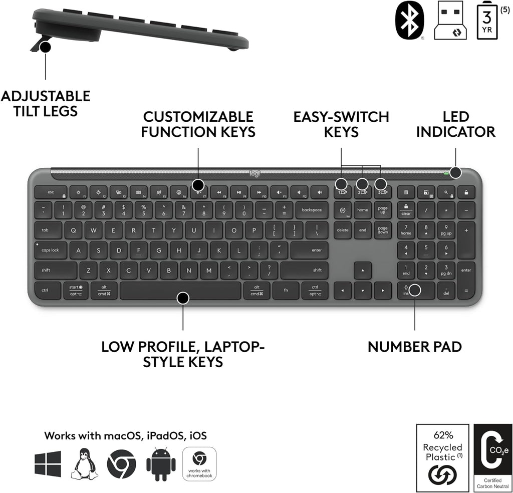 Logitech Signature Slim MK955 for Business Wireless Keyboard and Mouse Combo, Quiet Typing, Secure Receiver, Bluetooth, Globally Certified, Windows/Mac/Chrome/Linux - Graphite