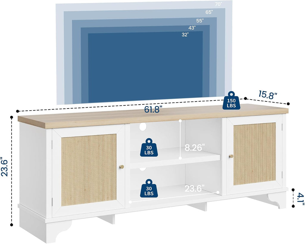 GarveeHome Rattan TV Stand for 65 in TV, Boho Entertainment Center with Cabinets & Open Shelves, Wooden Media Console Table for Living Room, White