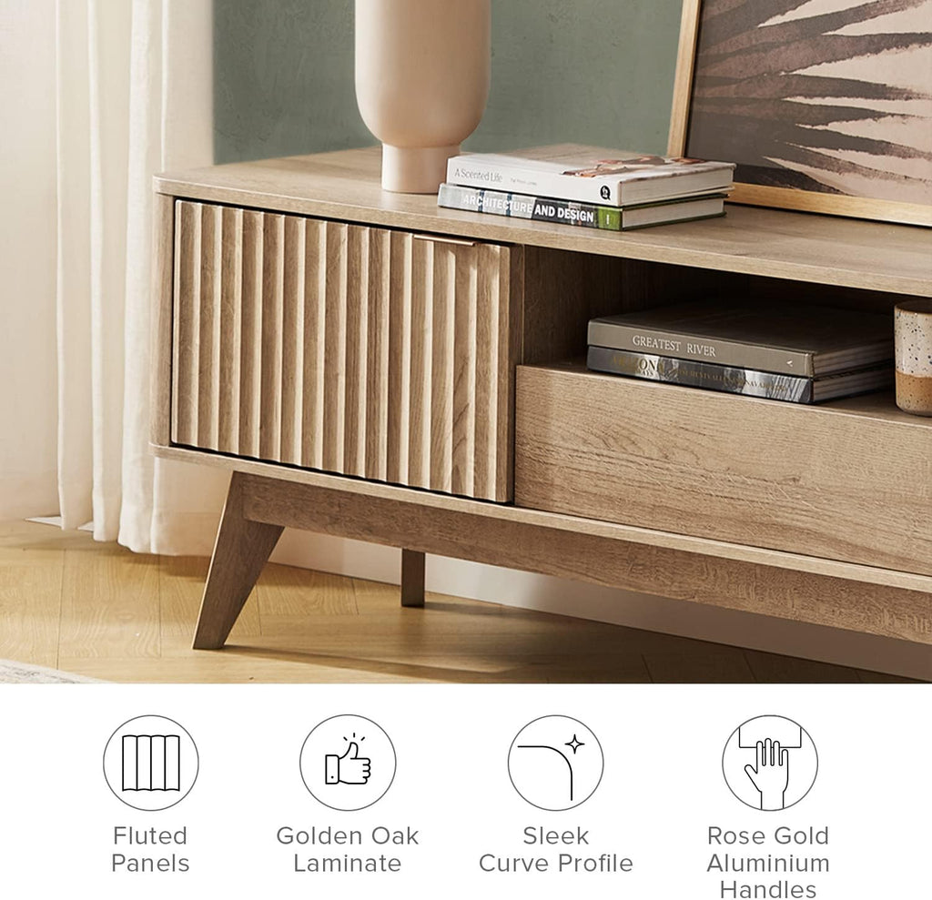 mopio Brooklyn Mid-Century Modern TV Stand, for TVs up to 50' / 59' Waveform Panel, Sleek Curved Profile with Adjustable Shelf and Sturdy Box Frame Leg (Golden Oak, 47')
