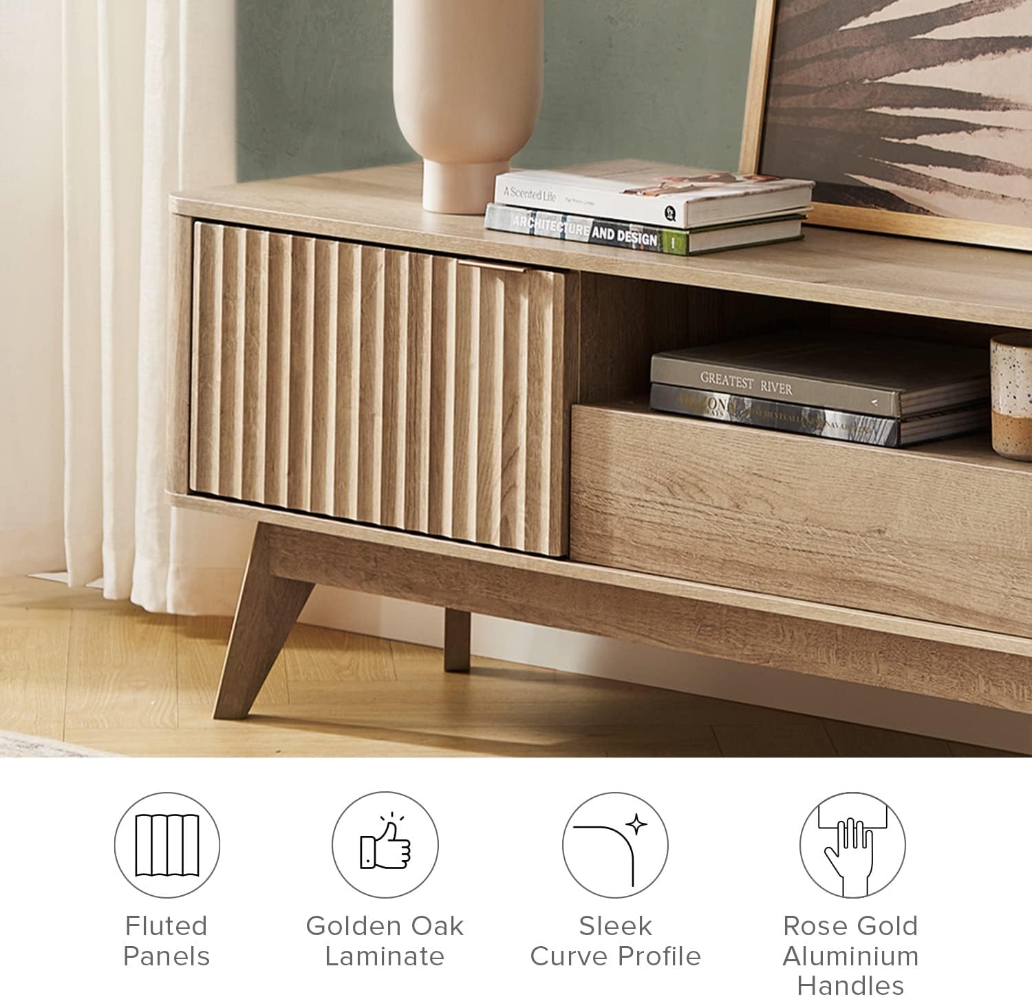 mopio Brooklyn Mid-Century Modern TV Stand, for TVs up to 50' / 59' Waveform Panel, Sleek Curved Profile with Adjustable Shelf and Sturdy Box Frame Leg (Golden Oak, 47')