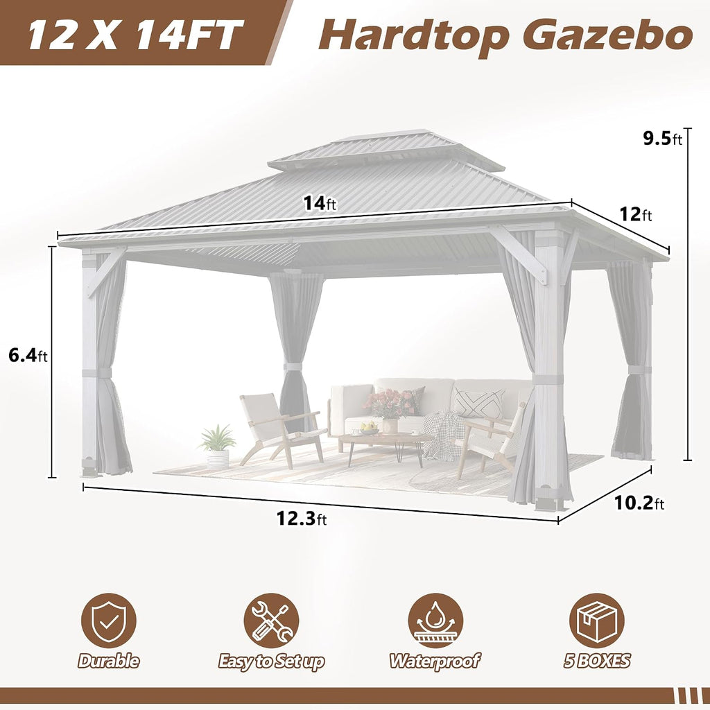 12' x 14' Wood Gazebo, Outdoor Hardtop Gazebo with Wood Posts and Galvanized Steel Doule Roof, Wooden Frame Gazebos with Netting and Curtains for Patio, Backyard, Deck Garden