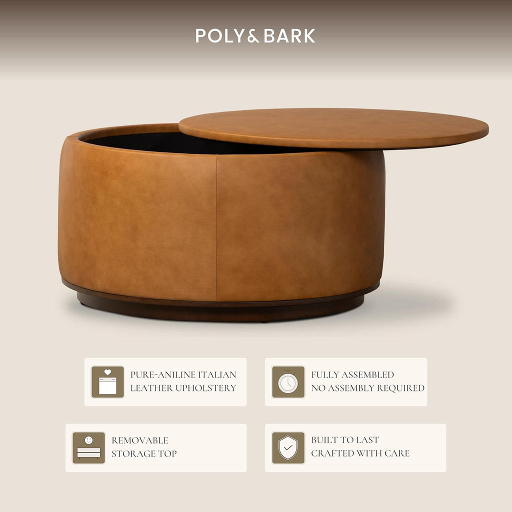 Poly & BARK Herve Storage Ottoman – Round Italian Full-Grain Leather Ottoman with Hidden Storage – Solid Wood Base in Walnut Finish – Cognac Tan