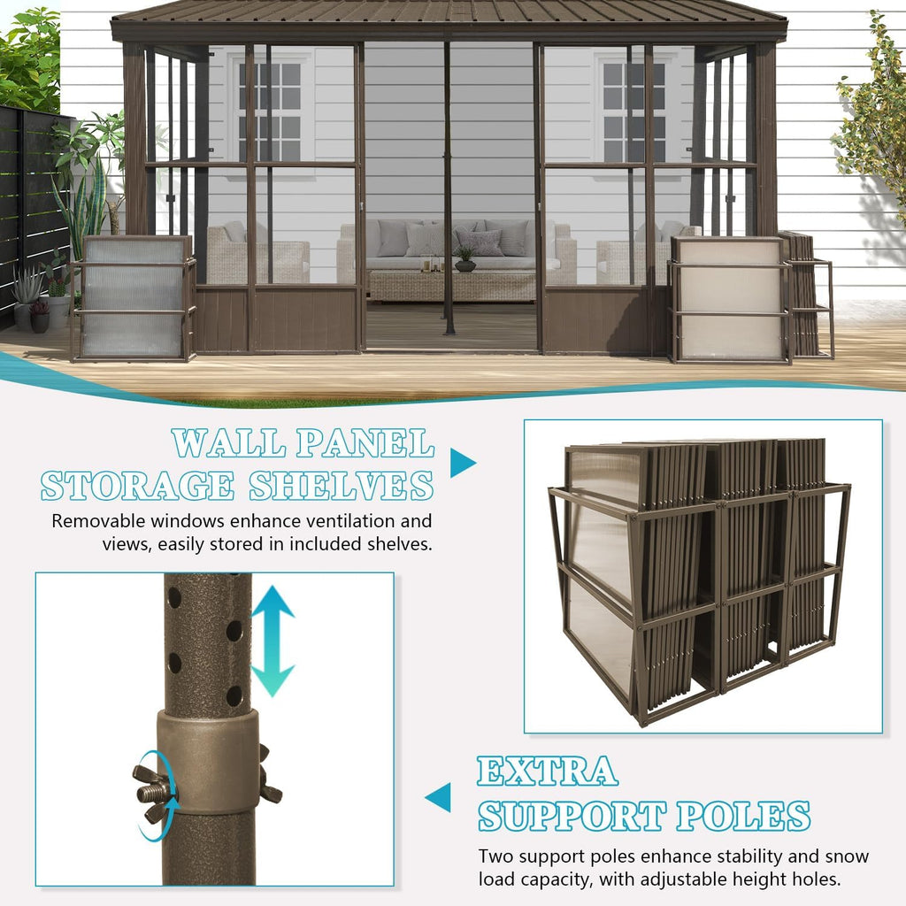 Domi 10x14FT Wall-Mounted Sunroom Gazebo, Aluminum Solarium with Galvanized Steel Sloping Roof, Detachable PVC Screens, Front & Side Sliding Doors, Outdoor Sun Room Lean to Gazebo for Patio Deck Lawn