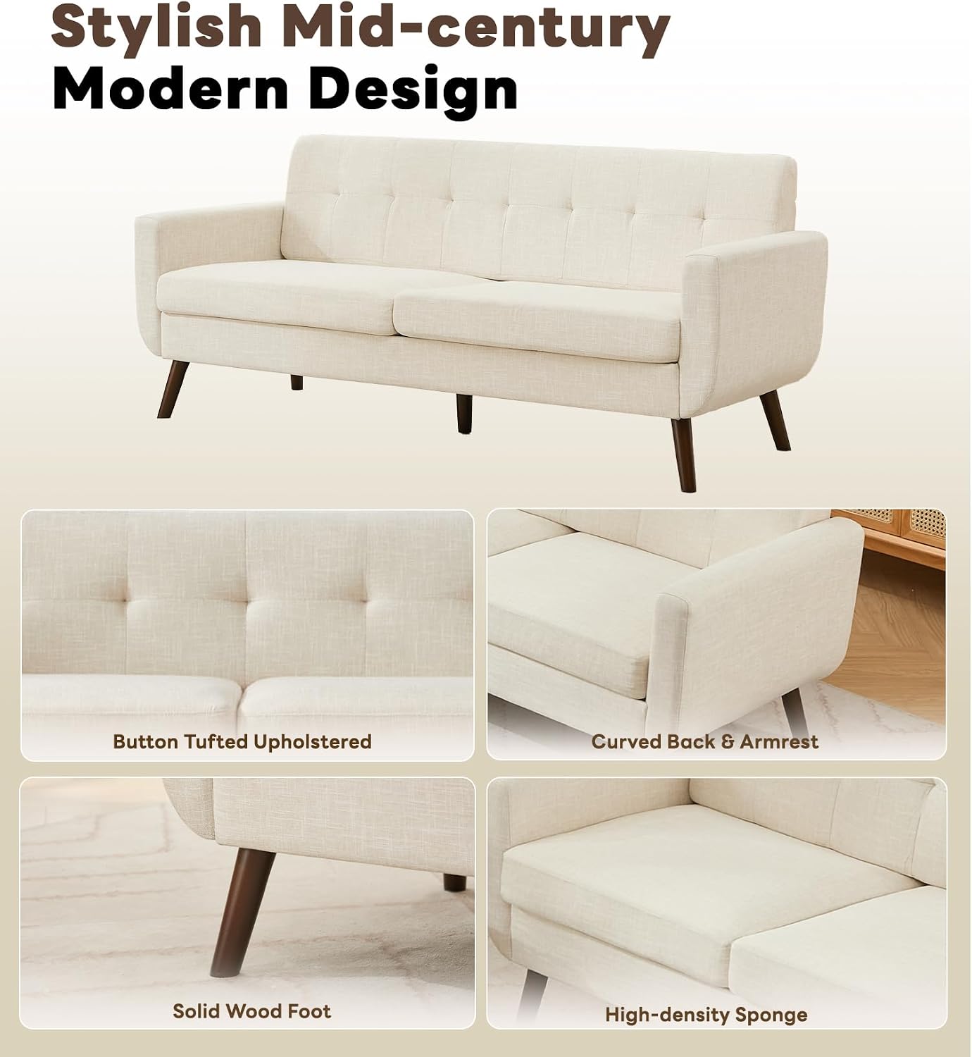 Tbfit 77' W Loveseat Sofa, Mid Century Modern Love Seat Couches for Living Room, Button Tufted Upholstered Small Sofa Couch for Bedroom, Beige