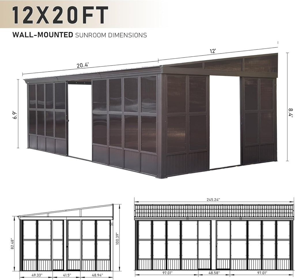 Domi 12x20FT Sun Room, Wall Mounted Gazebo Solarium with Galvanized Steel Sloping Roof, Moveable PC Screen, Front Door & 2 Side Entrance, Outdoor Aluminum Lean-to Sunroom for Patio Deck