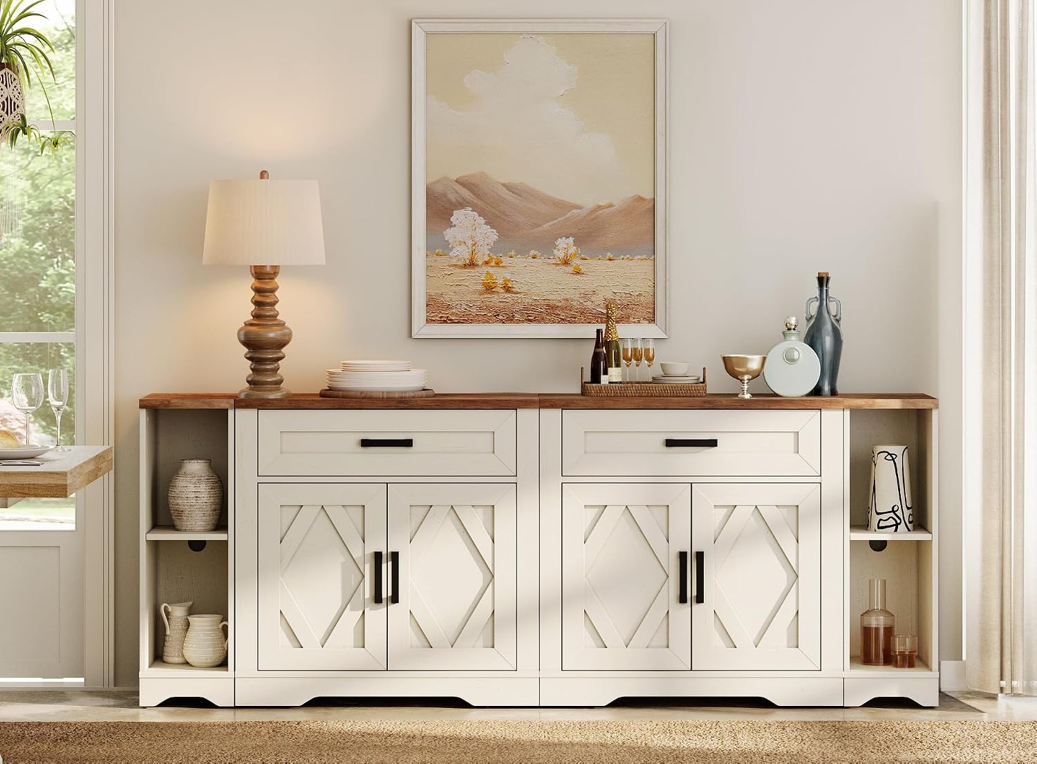 WAMPAT 82.7' W TV Stand for up to 95' TVs,Farmhouse Entertainment Center with Storage Barn Door Cabinet,TV Console Table with Media Cabinet and Drawers for Living Room,Bedroom,Cream White