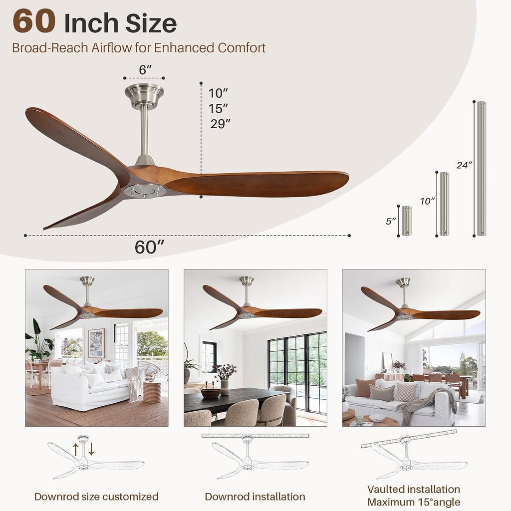 CACI Mall 60' Ceiling Fan no Light, Outdoor Ceiling Fans for Patios Without Lights, Remote Control, Solid Wood 3 Blades, Quiet, Indoor Ceiling Fan for Living Room, Patio, Bedroom, Porch, Farmhouse