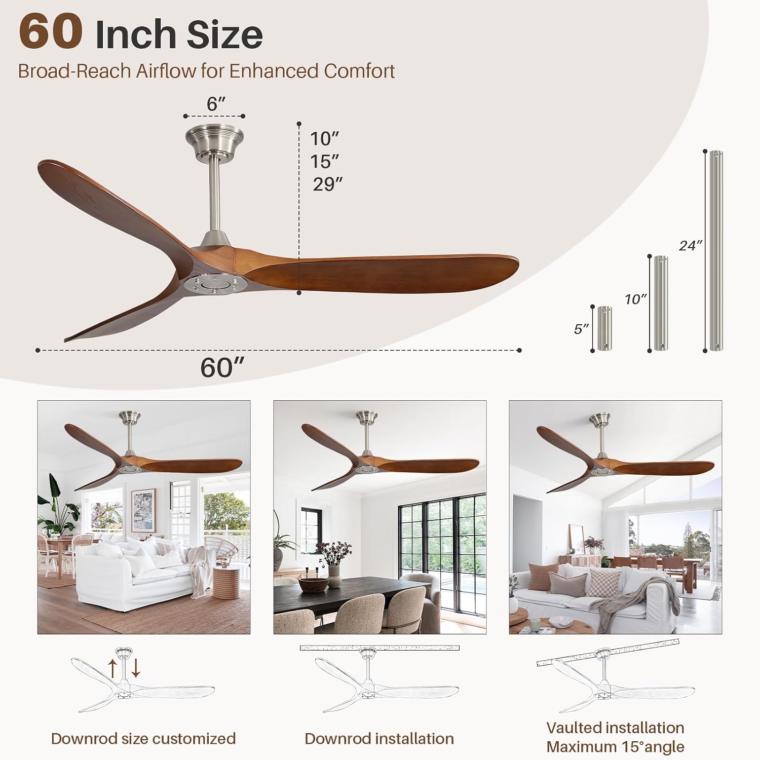 CACI Mall 60' Ceiling Fan no Light, Outdoor Ceiling Fans for Patios Without Lights, Remote Control, Solid Wood 3 Blades, Quiet, Indoor Ceiling Fan for Living Room, Patio, Bedroom, Porch, Farmhouse