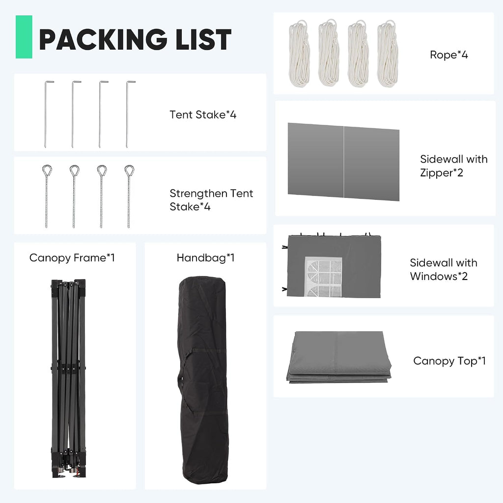 10x10 Pop Up Canopy Tent with One Push Setup, Portable Sun Shade Tent, Instant Easy Up Canopy with 4-Sidewalls & Wheeled Bag, Outdoor Fldable Gazebo with Vent Top, Grey.