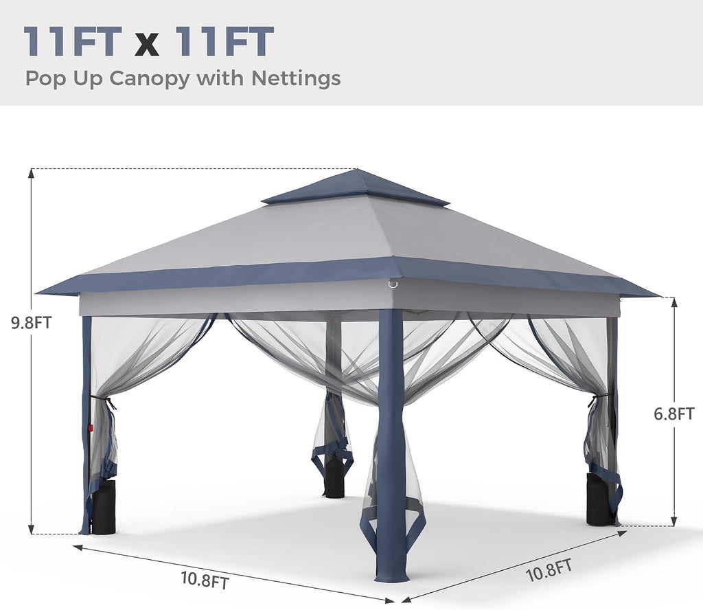 GDY 11x11FT Patio Gazebo with Mosquito Netting, Double Top with 4-Sangbags, Garden, Yard, Grassland, Grey and Navy Blue.