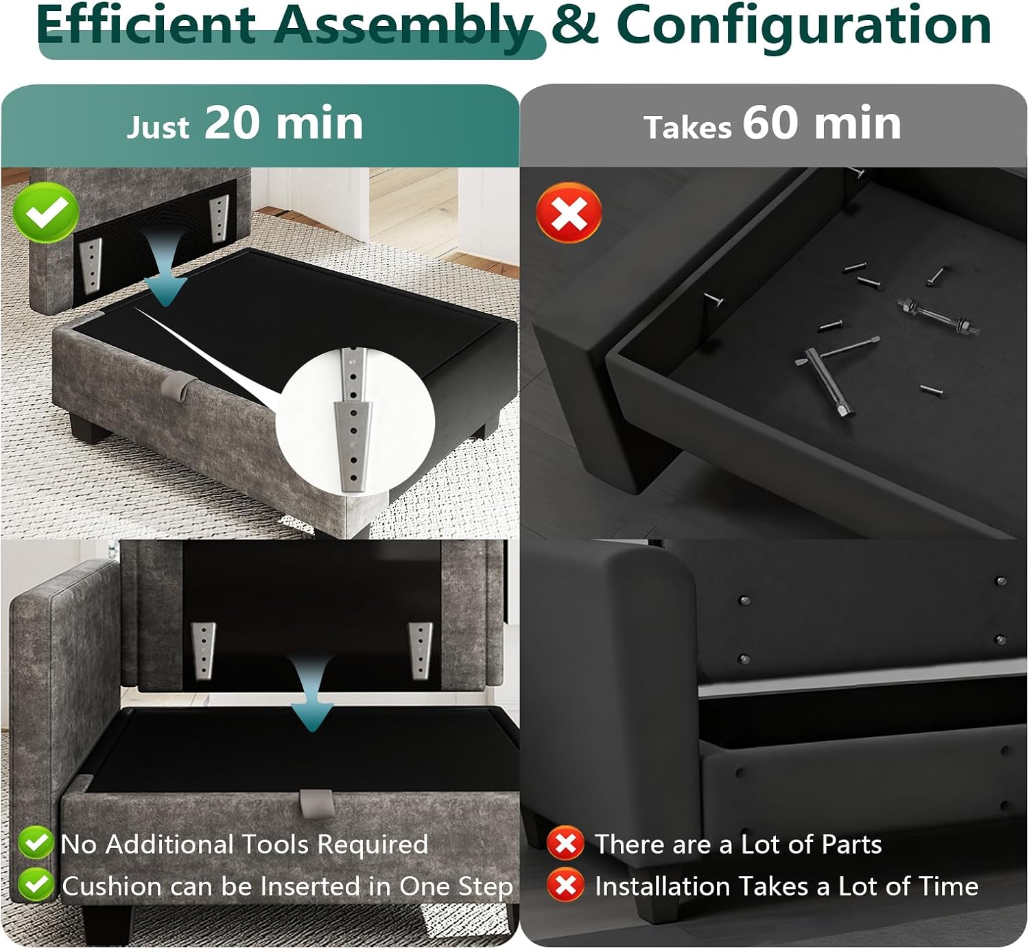 Modular Sectional U Shaped Sofa Couches for Living Room, Cloud Couch with Storage Ottoman, Comfy Chenille Sofa with Pillow, Black
