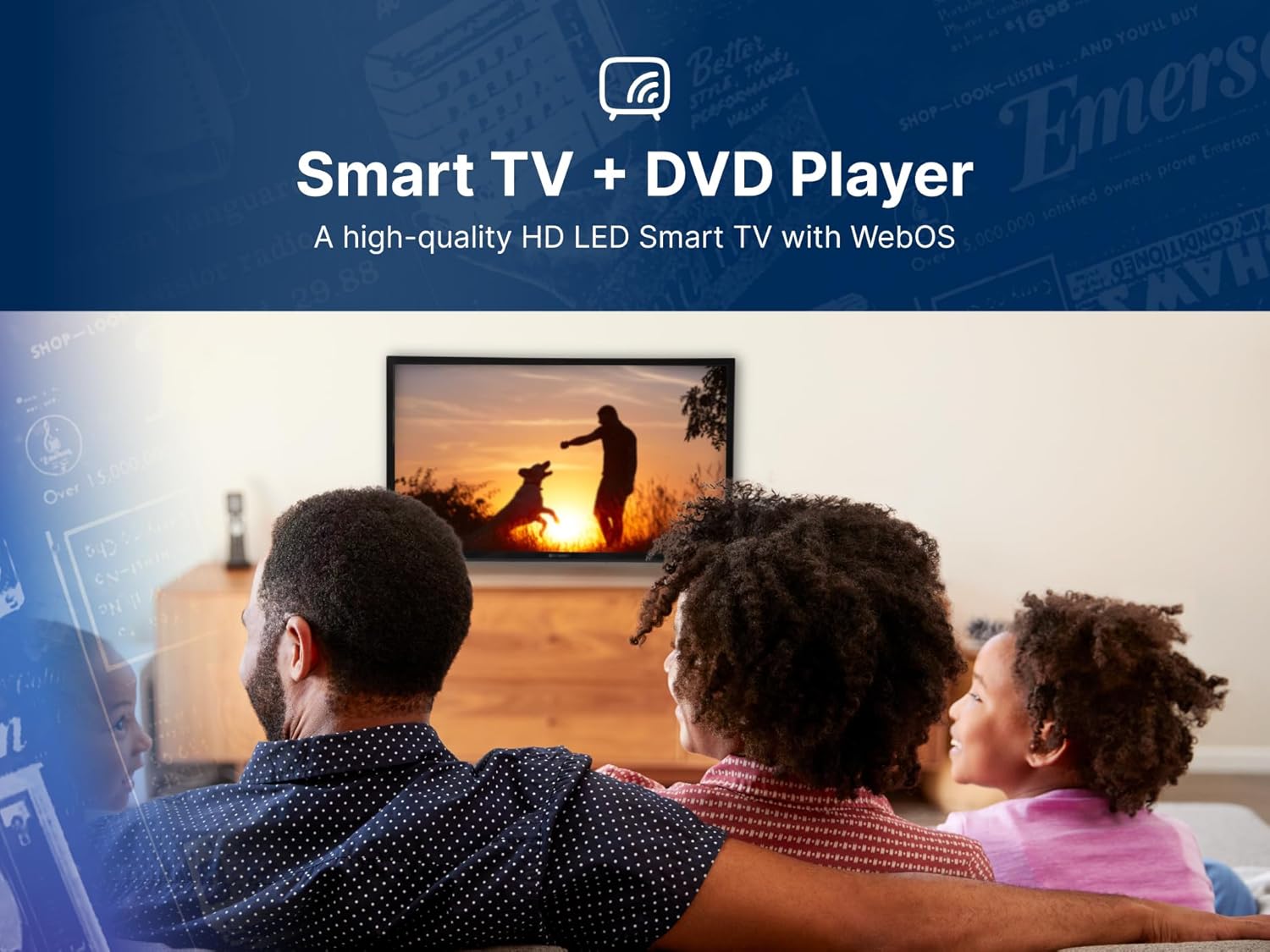 Emerson ESTD-2400 24' Class HD Smart TV with Built-in DVD Player | 720p LED Display, Wi-Fi Streaming, HDMI, USB & RCA Inputs | Space-Saving Design, Wall Mountable, Includes Remote Control
