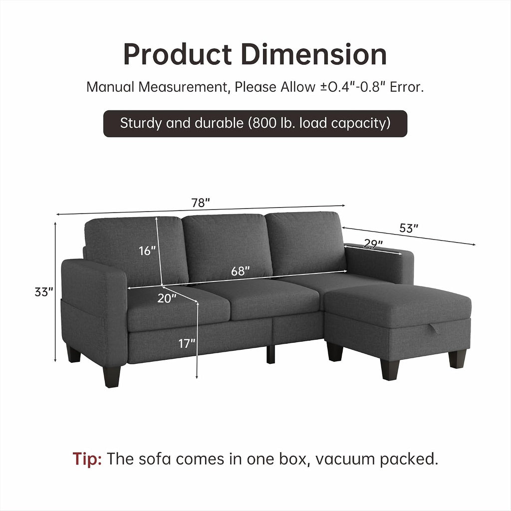 Youmumeub Sectional Couches for Living Room - Convertible Sofa and Storage Bench,79''Modern Corner Configuration,Suitable for Living Room, Apartment, Bedroom and Office-Dark Gray | Washable Covers, Reversible Chaise