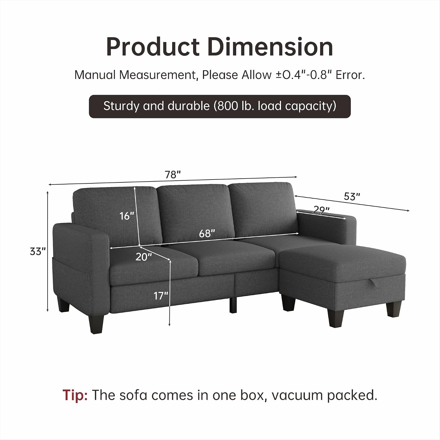 Youmumeub Sectional Couches for Living Room - Convertible Sofa and Storage Bench,79''Modern Corner Configuration,Suitable for Living Room, Apartment, Bedroom and Office-Dark Gray | Washable Covers, Reversible Chaise