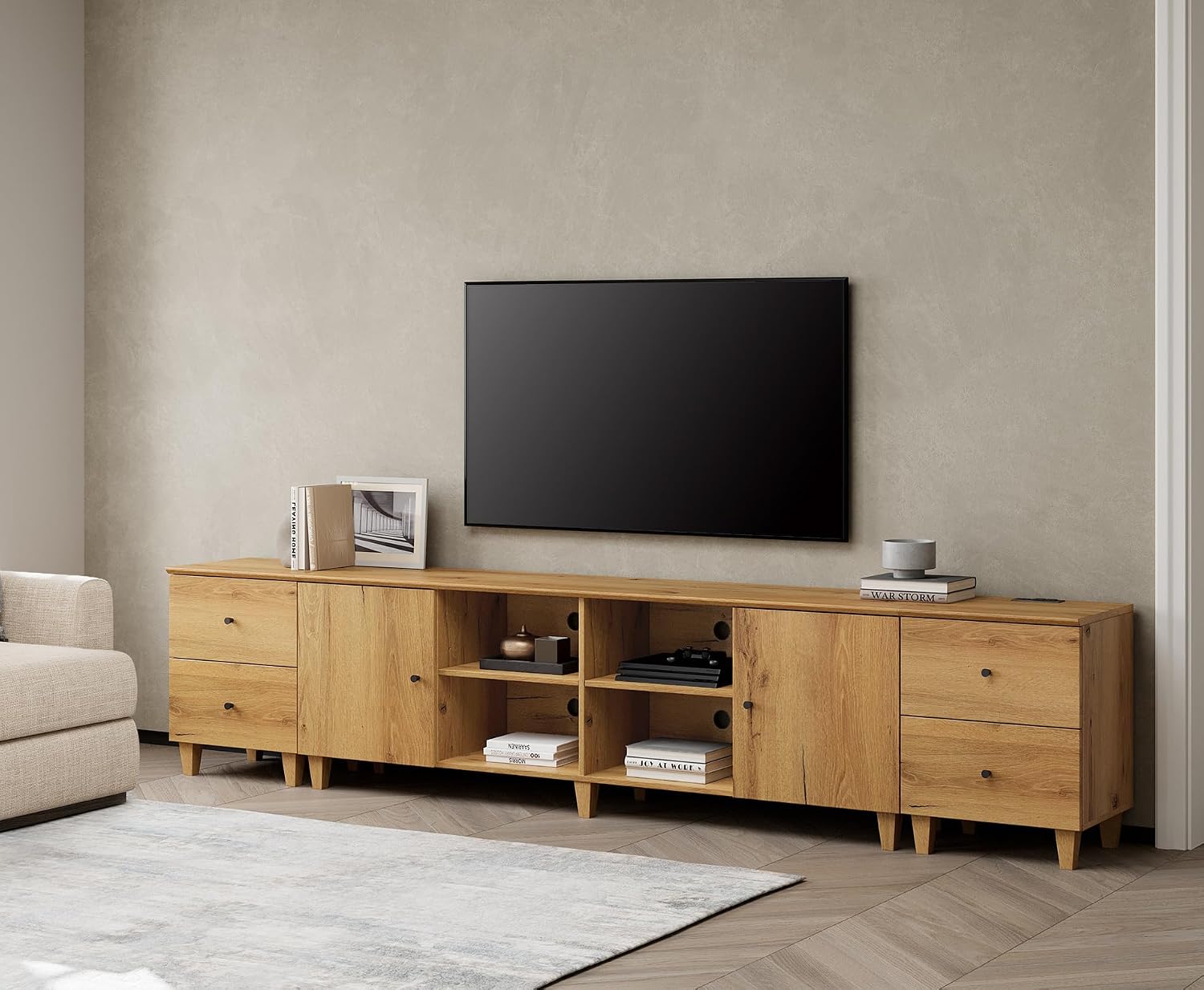 WAMPAT 3-in-1 TV Stand w/Doors&Charging Station, 105' Modern Wood Entertainment Center Media Console for 110+ inch TVs, TV Cabinet w/Shelves&4 Drawers for Living Room, Bedroom, Oak Brown